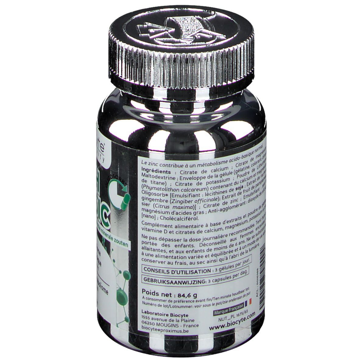 Rückseite der Flasche. Enthält Inhaltsstoffe und Gebrauchsanweisung. Marke Biocyte. Gewicht: 84,6 g.