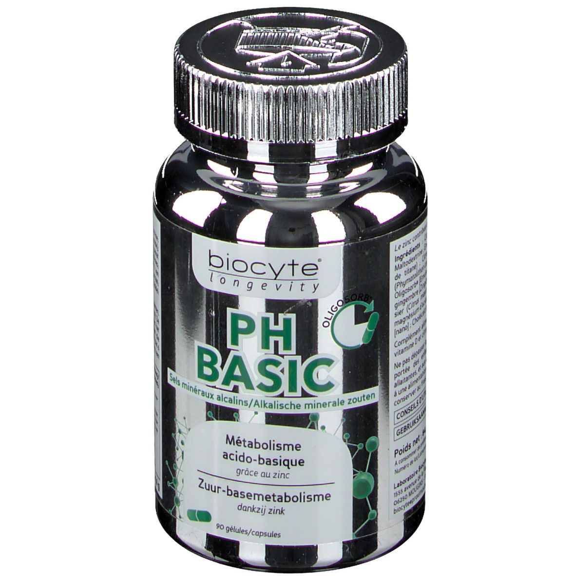 Dunkle Flasche mit silbernem Deckel. Aufschrift: Biocyte pH Basic. Enthält Mineralstoffe. 90 Kapseln.