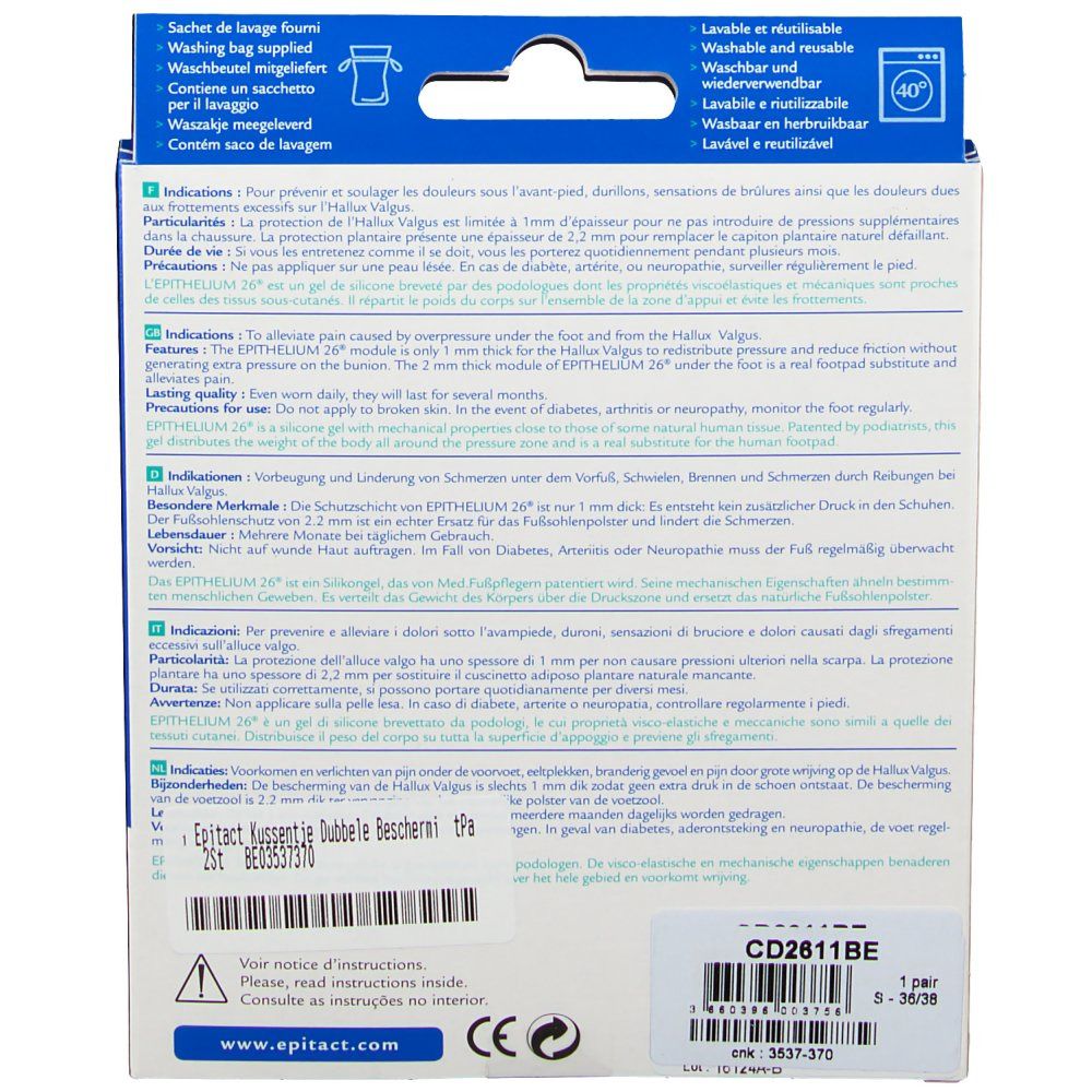 Emballage des coussinets plantaires Epitact. Texte: Sac de lavage, lavable, réutilisable. Marque CE. Code produit et taille.