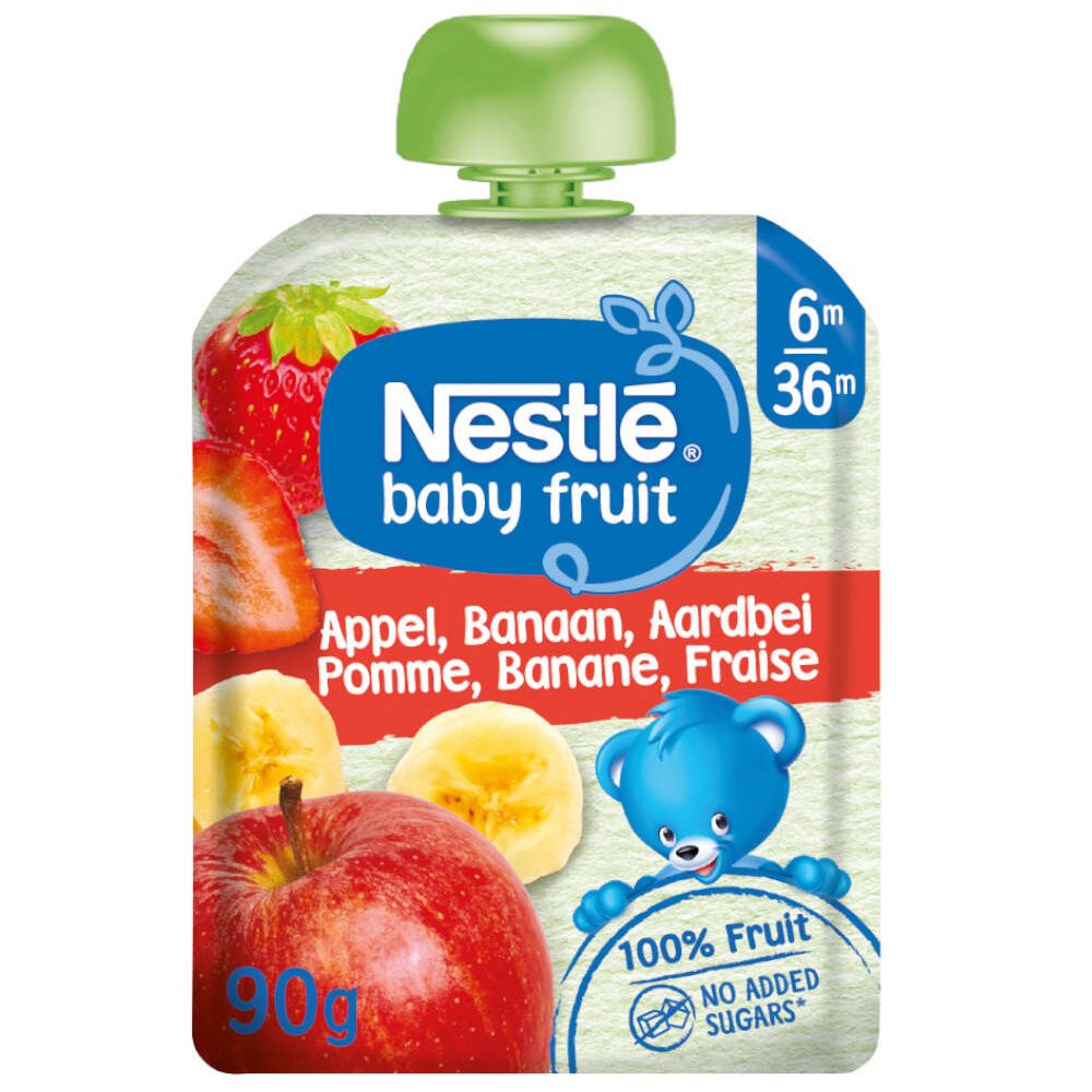 Quetschbeutel mit Nestlé Baby Fruit. Erdbeere, Banane, Apfel. 6m+. 100% Frucht, ohne Zuckerzusatz. Blaue Bär-Illustration.