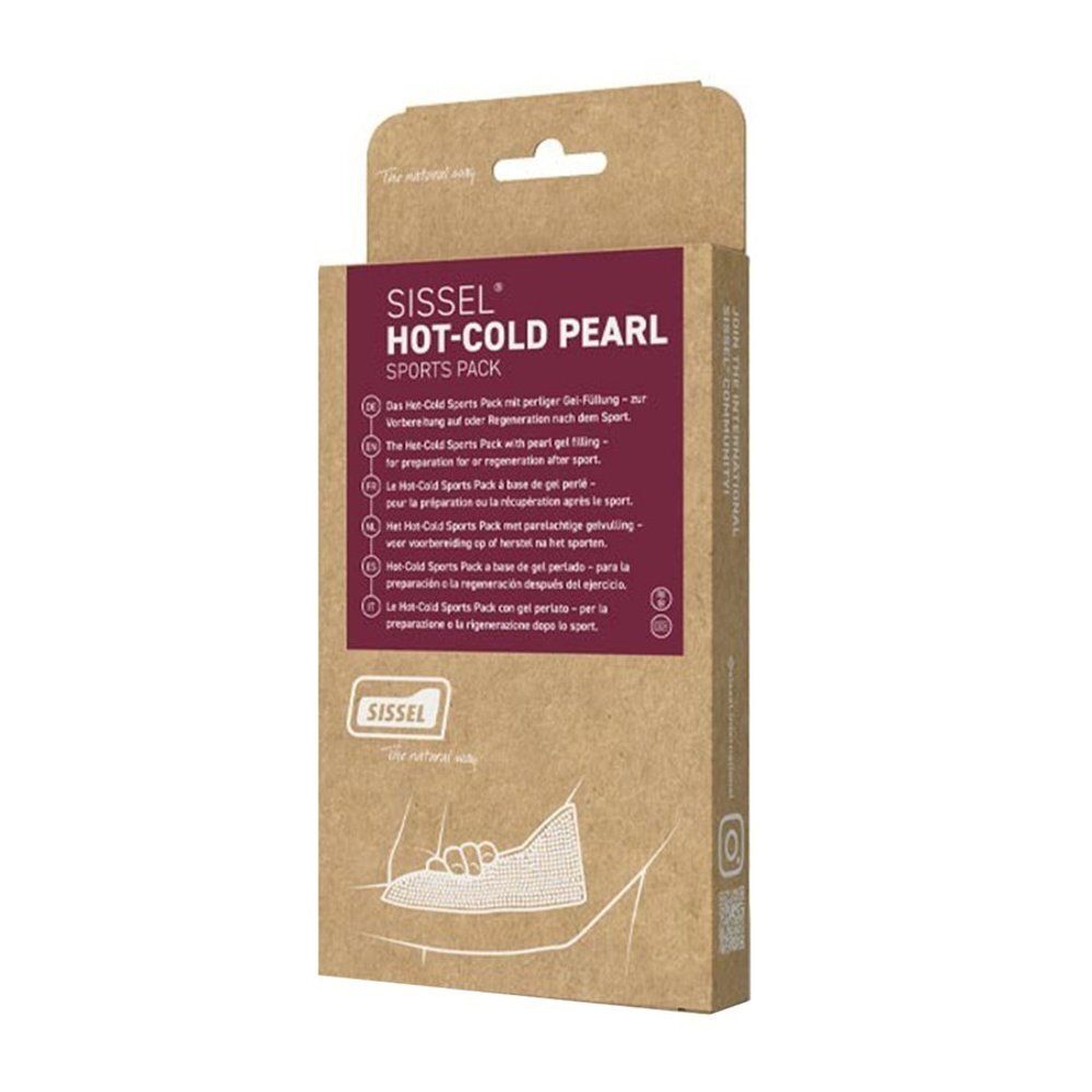 Arrière de l'emballage d'une compresse Sissel Hot-Cold Pearl bleue avec informations multilingues.