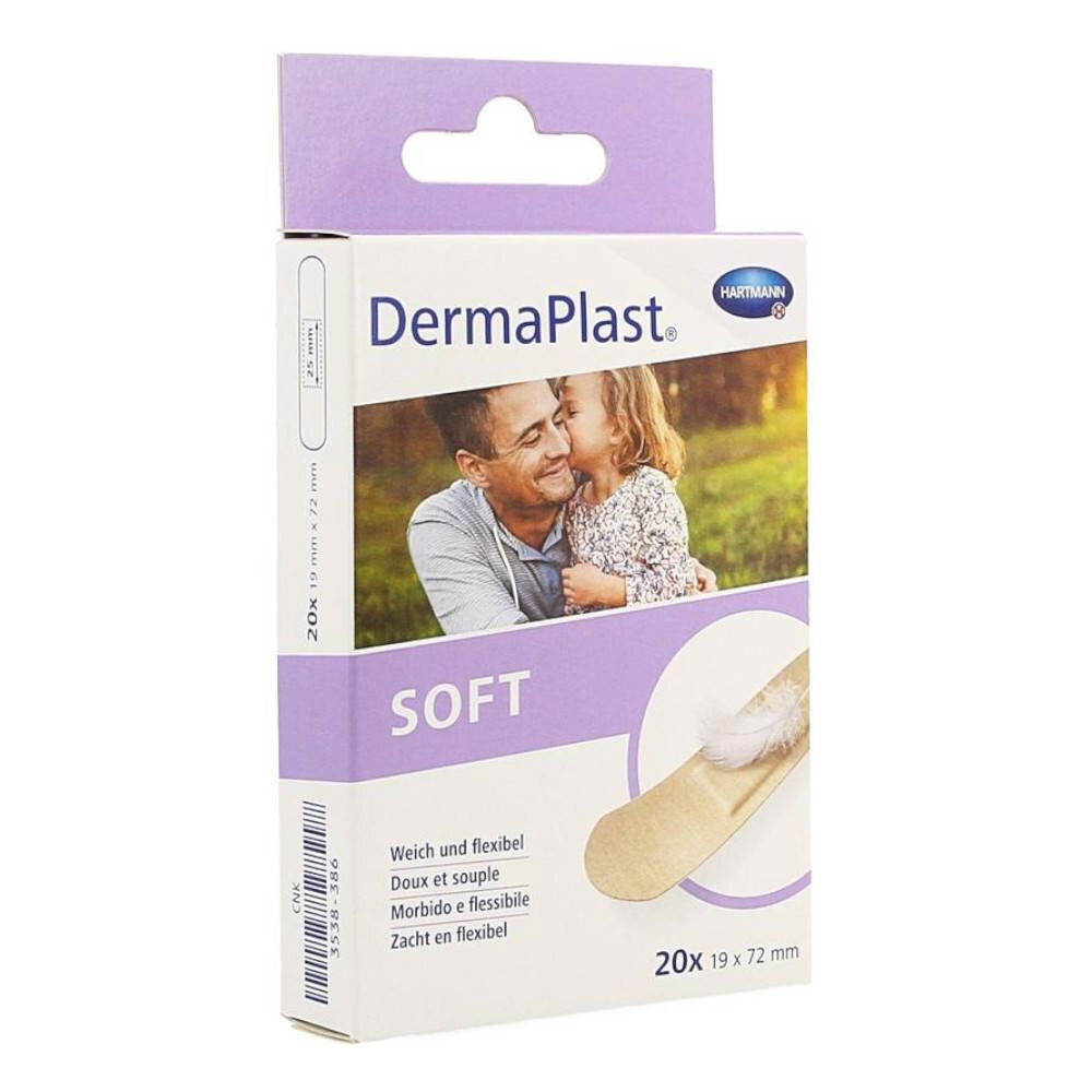 Boîte de pansements DermaPlast® Soft. Souple et flexible. 20 strips, 19 x 72 mm. Image d'un père et d'un enfant.