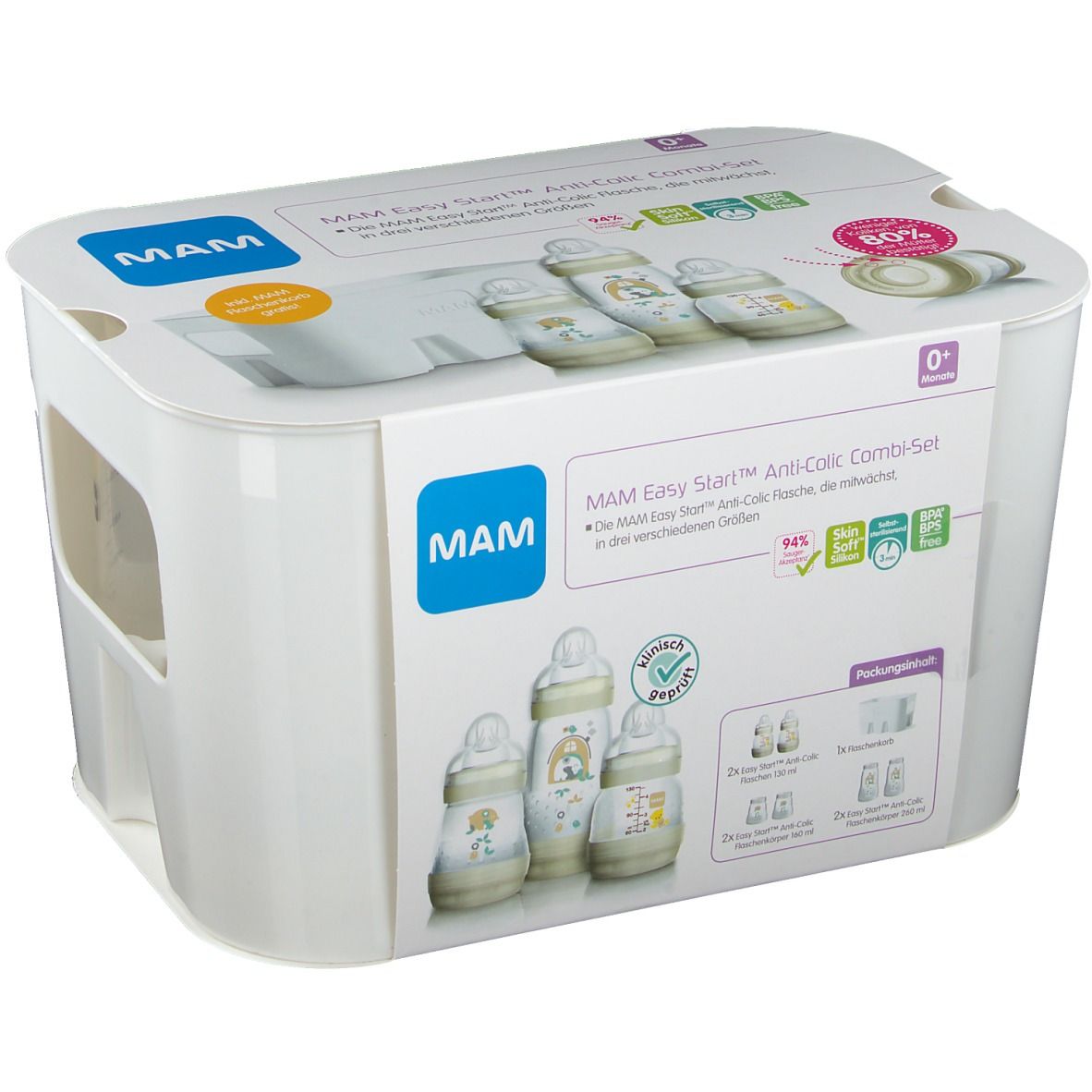 MAM Easy Start Anti-Colic Combi-Set. Weiße Verpackung mit Produktabbildungen und Text. Enthält Flaschen und Zubehör.