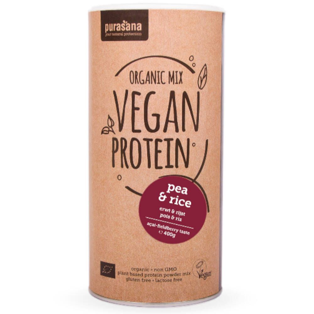 Boîte cylindrique "Vegan Protein". Protéines de pois et de riz aux baies d'açaï. Certification bio.