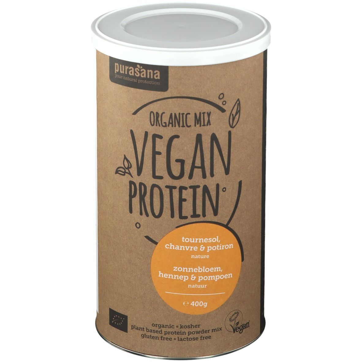 Boîte cylindrique Purasana Vegan Protein. Inscription: tournesol, chanvre & potiron. Emballage marron, couvercle blanc.
