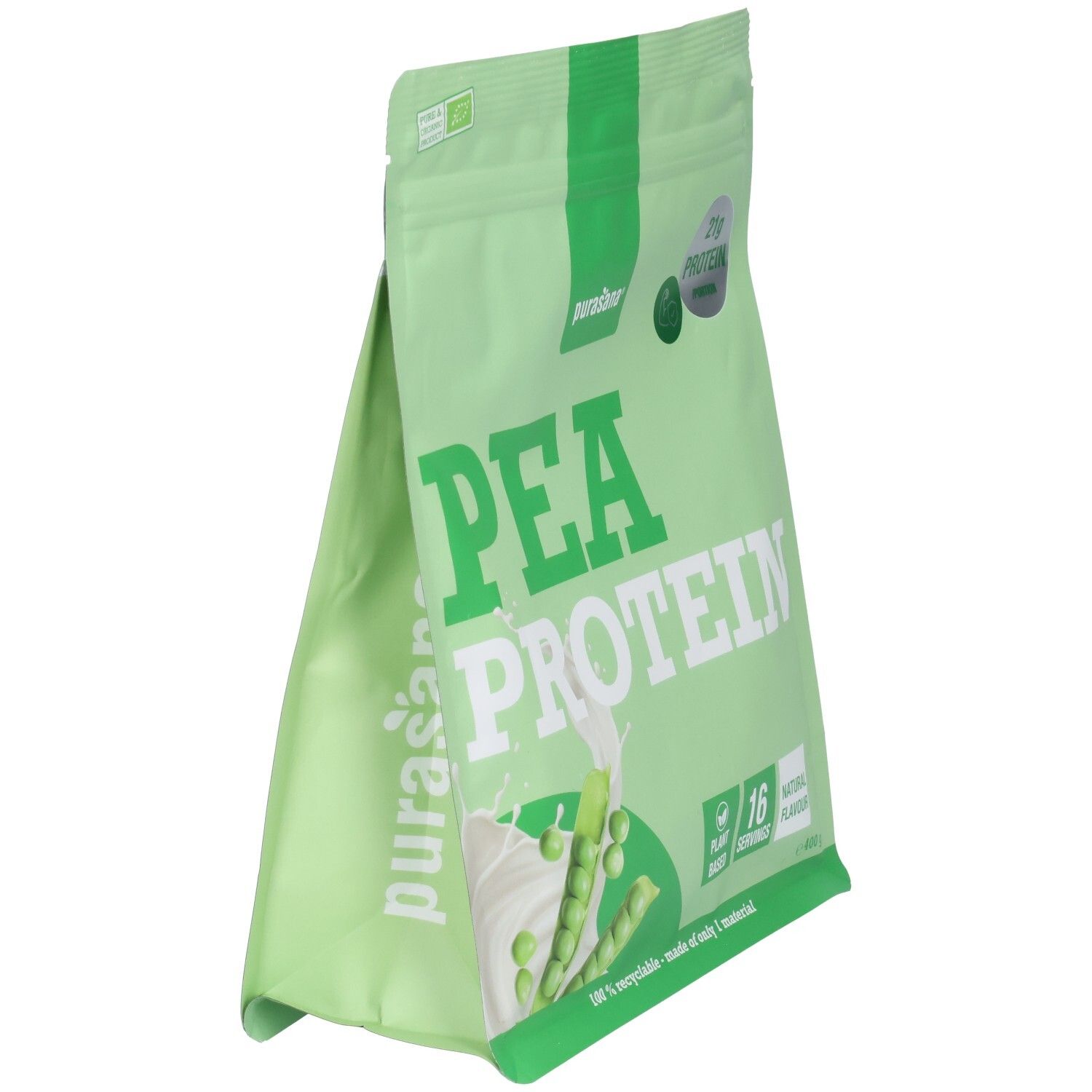 Purasana Erbsenprotein-Beutel, 100% recycelbar, aus einem Material.