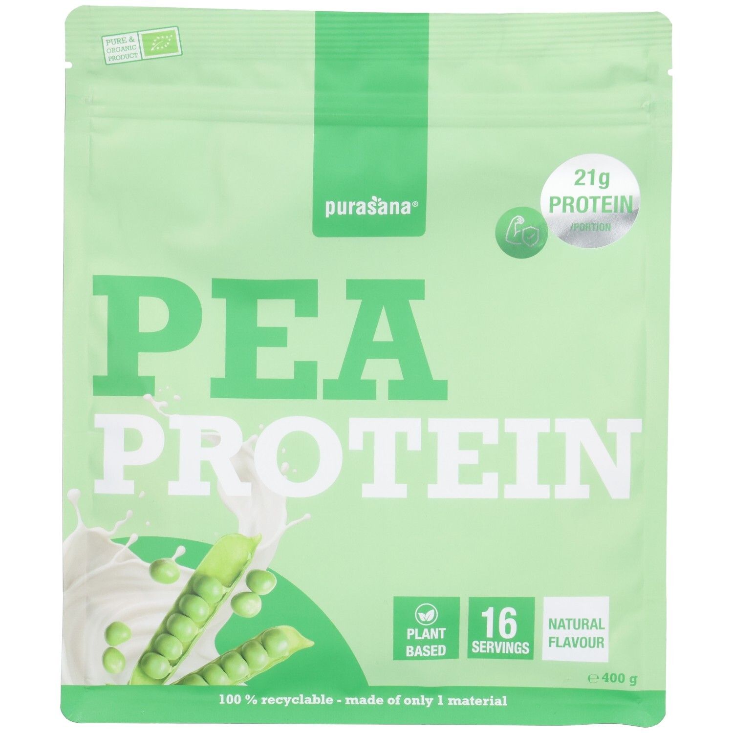 Purasana Erbsenprotein-Beutel, Rückseite mit Nährwertangaben und Aminosäureprofil.