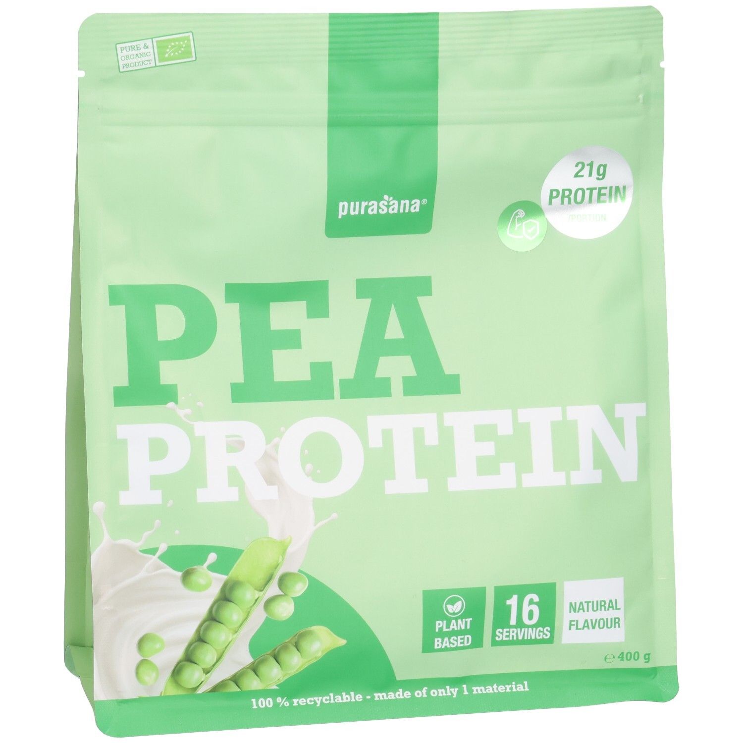 Purasana Erbsenprotein-Beutel, Vorderseite mit Bio- und Vegan-Siegel.