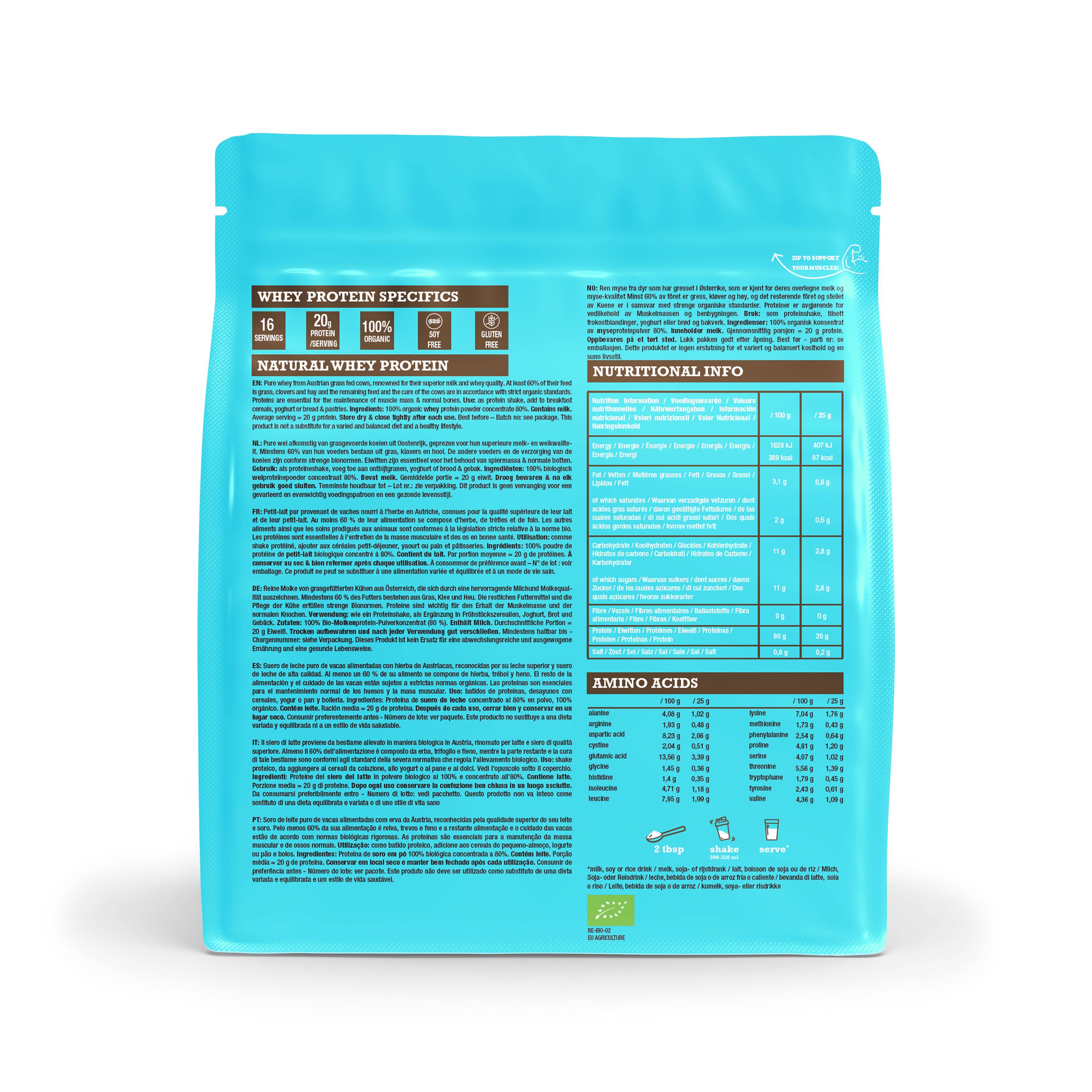 Dos de la boîte de poudre de protéines de lactosérum bio Purasana avec informations nutritionnelles.
