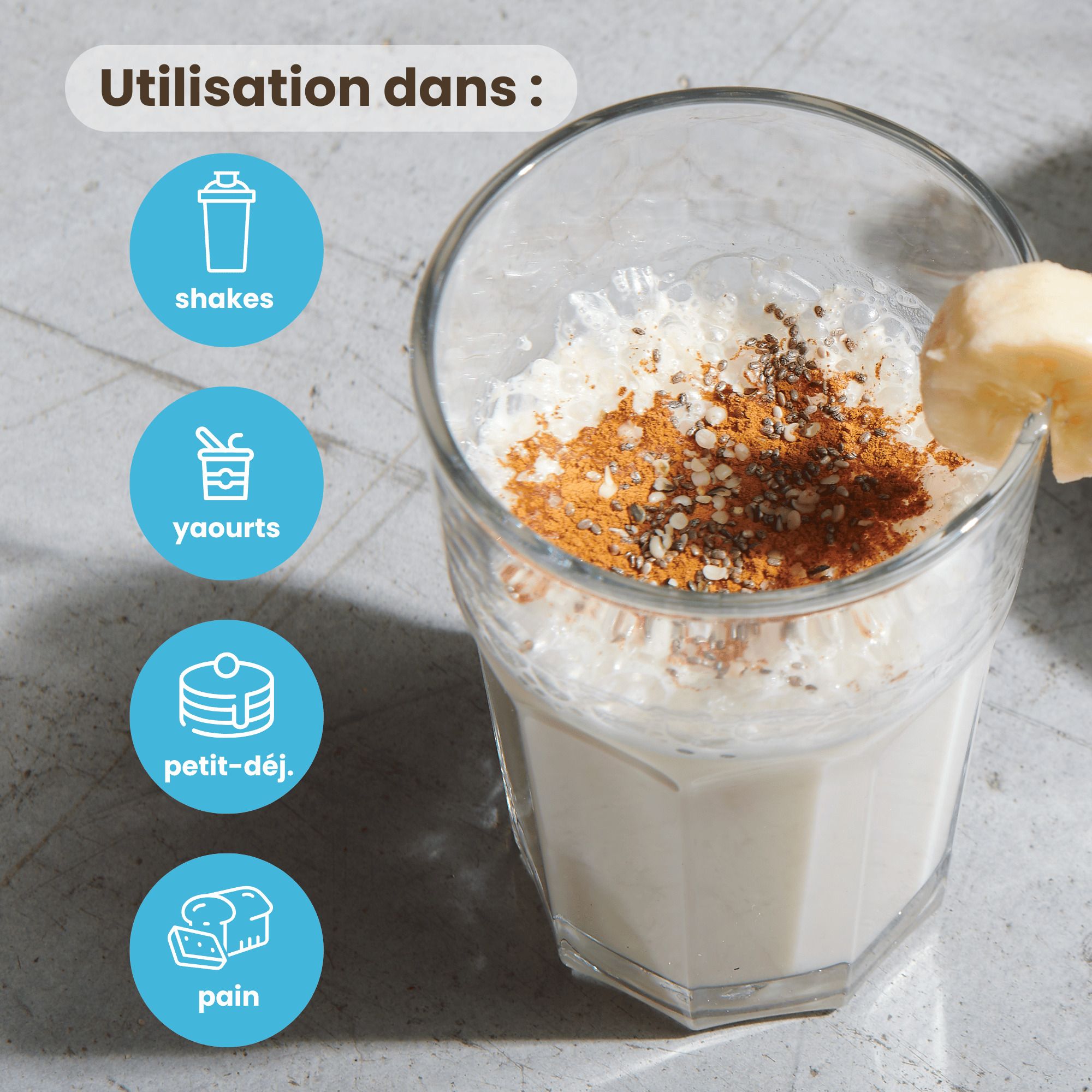 Utilisations de la poudre de protéines de lactosérum Purasana dans les shakes, yaourts, petit-déjeuner et pain.