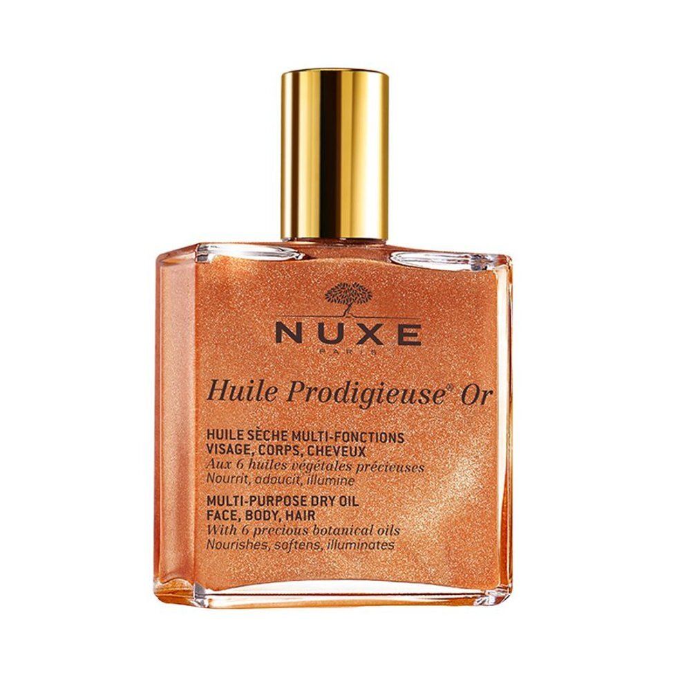 NUXE Huile Prodigieuse Or : Huile sèche multi-fonctions dans un flacon en verre avec bouchon doré.