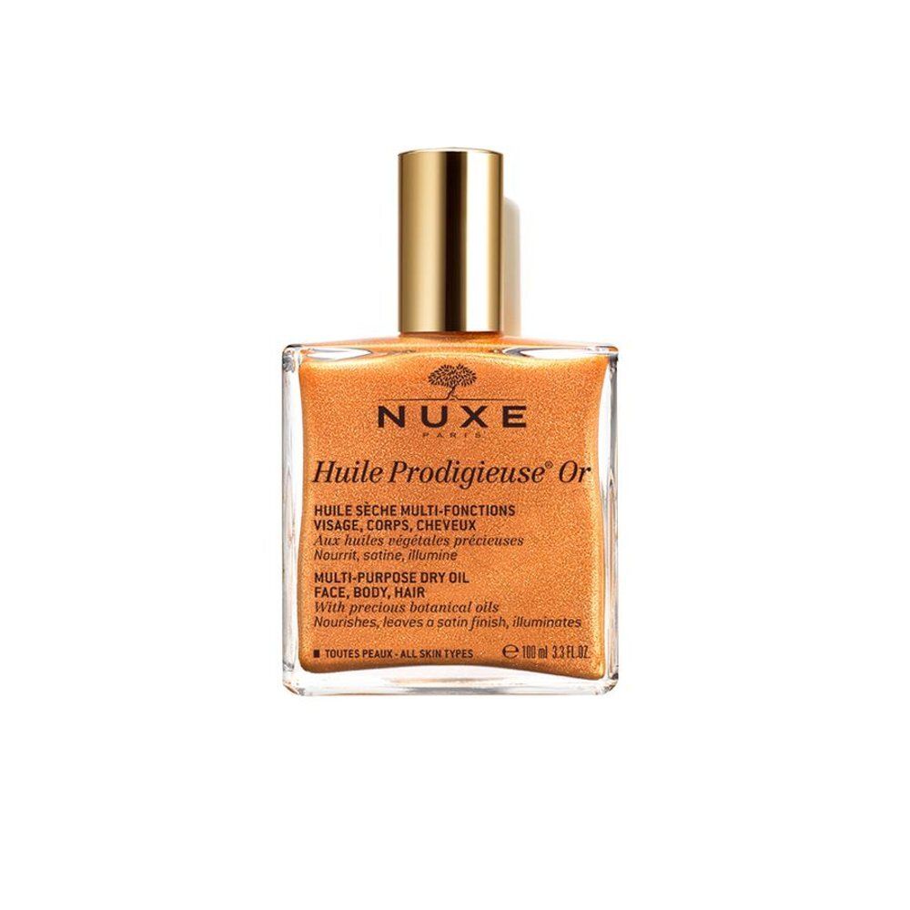 NUXE Huile Prodigieuse Or : huile sèche multi-fonctions dorée dans un flacon en verre avec bouchon doré.