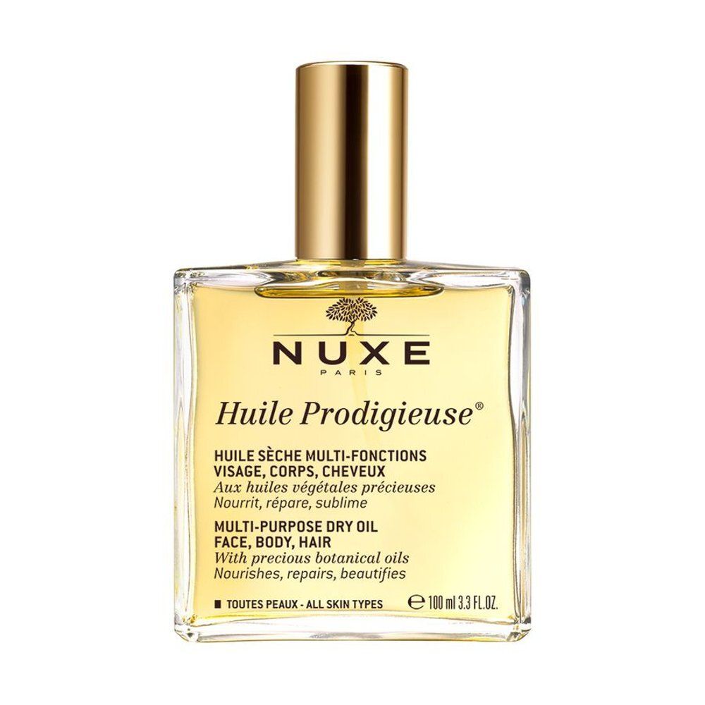 Huile Prodigieuse NUXE dans une bouteille en verre avec un bouchon doré.