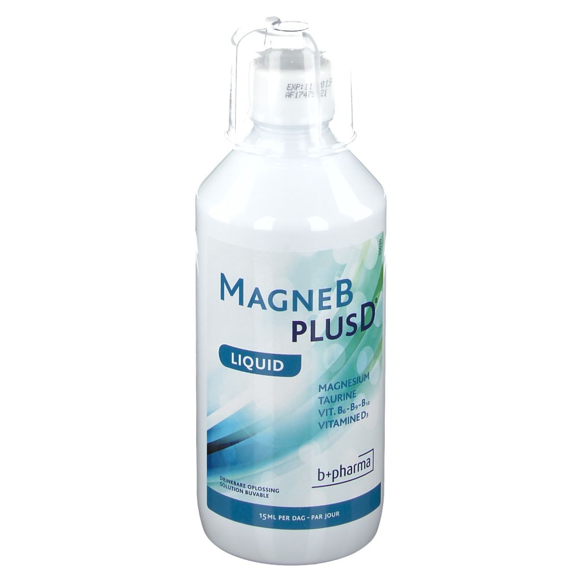 Weißliche Flasche mit MAGNEB PLUS D LIQUID-Etikett. Enthält Magnesium, Taurin, Vitamine B6, B12, D. b+pharma Logo.