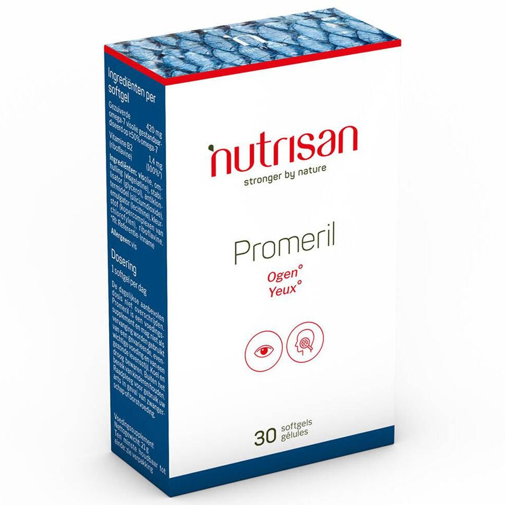 Schachtel mit Nutrisan Promeril. Enthält 30 Softgels. Aufschrift: Ogen/Yeux.