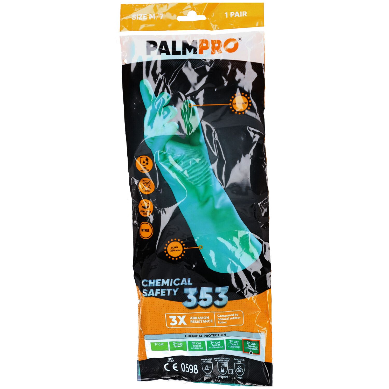 Grüne Handschuhe in Verpackung. Marke PALMPRO, Chemical Safety 353. Größe M. 1 Paar. Chemikalienschutz.