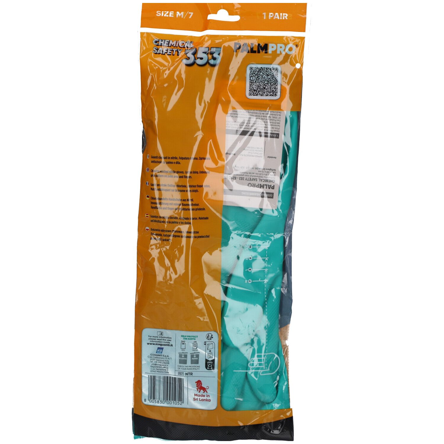 Rückseite der Verpackung mit grünen Handschuhen. Marke PALMPRO, Chemical Safety 353. Größe M/7. 1 Paar. QR-Code.