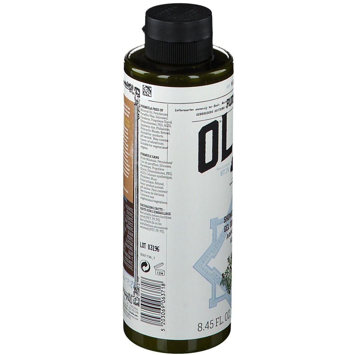 Grüne Flasche mit schwarzem Deckel. Rückseite mit Text und Barcode. Marke KORRES. 8.45 FL. OZ. U.S. / 250 ml.