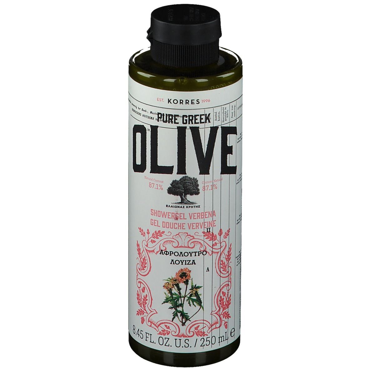 Grüne Flasche mit schwarzem Deckel. Aufschrift: OLIVE, KORRES, Showergel Verveine. 8.45 fl. oz. U.S./250 ml.