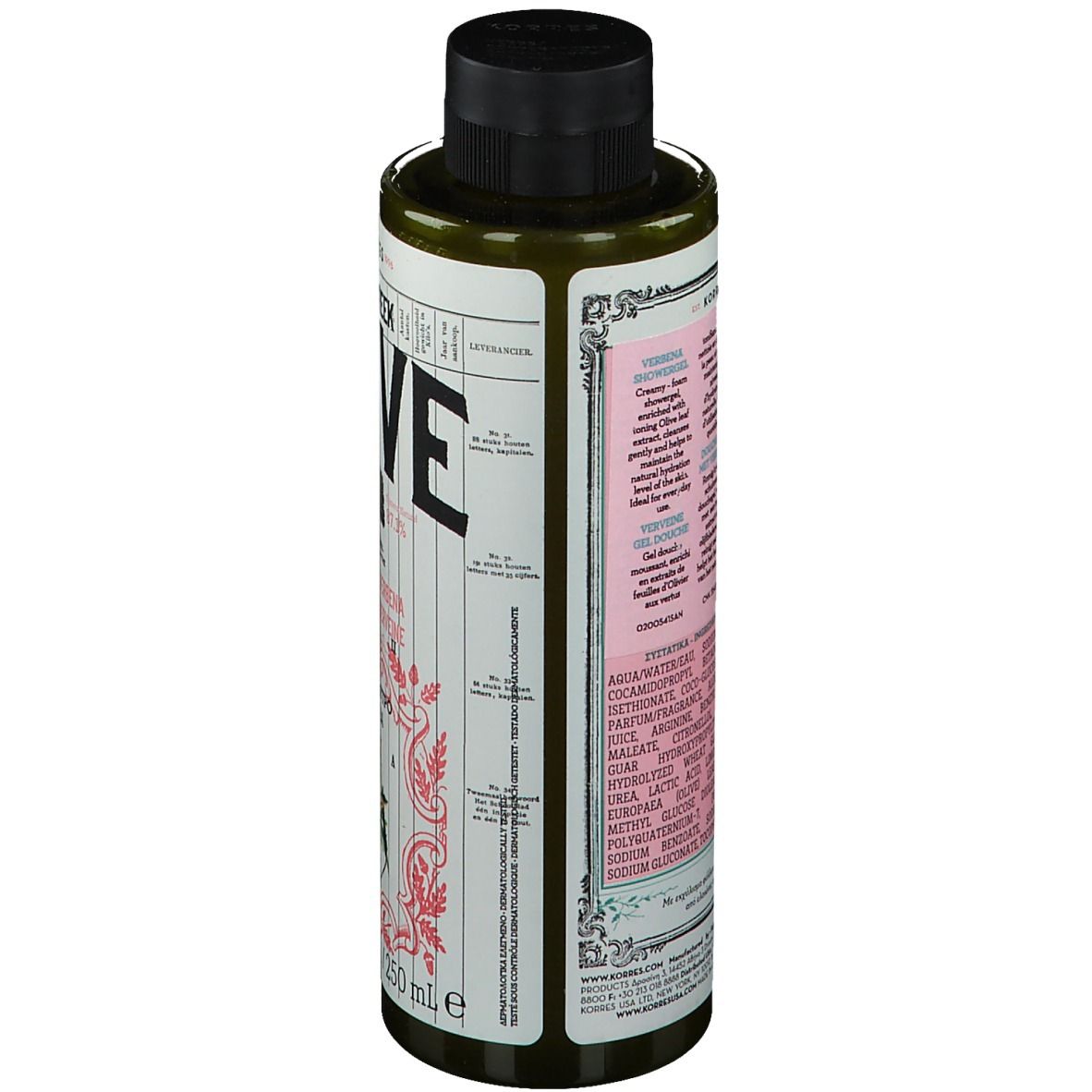 Grüne Flasche mit schwarzem Deckel. Rückseite mit Text. Aufschrift: OLIVE, KORRES, 250 ml.