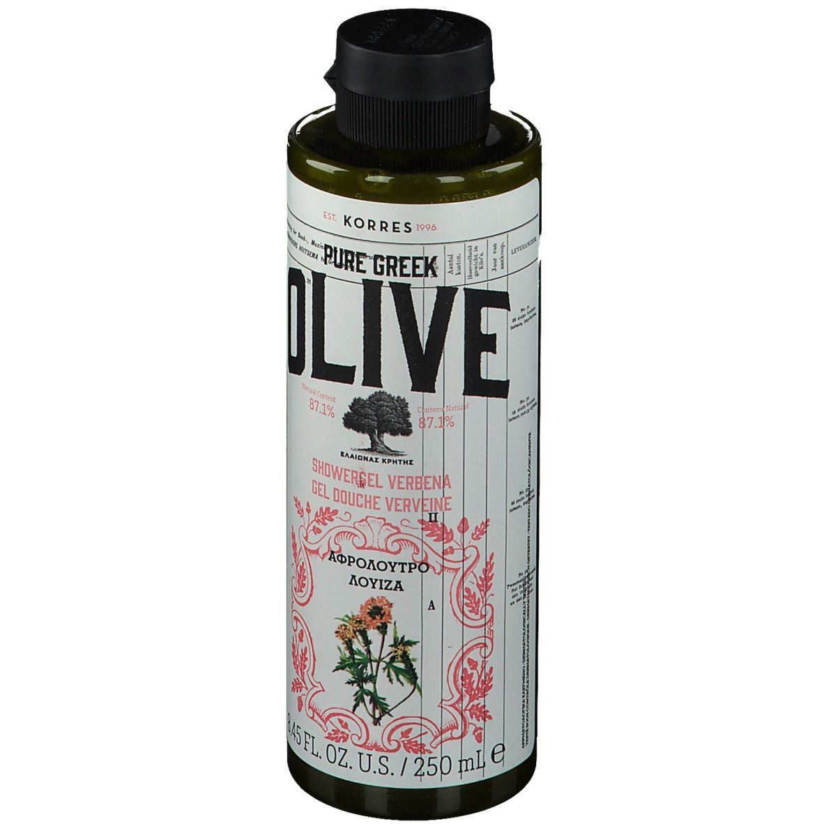 Grüne Flasche mit schwarzem Deckel. Aufschrift: OLIVE, KORRES, Showergel Verveine. 8.45 fl. oz. U.S./250 ml.