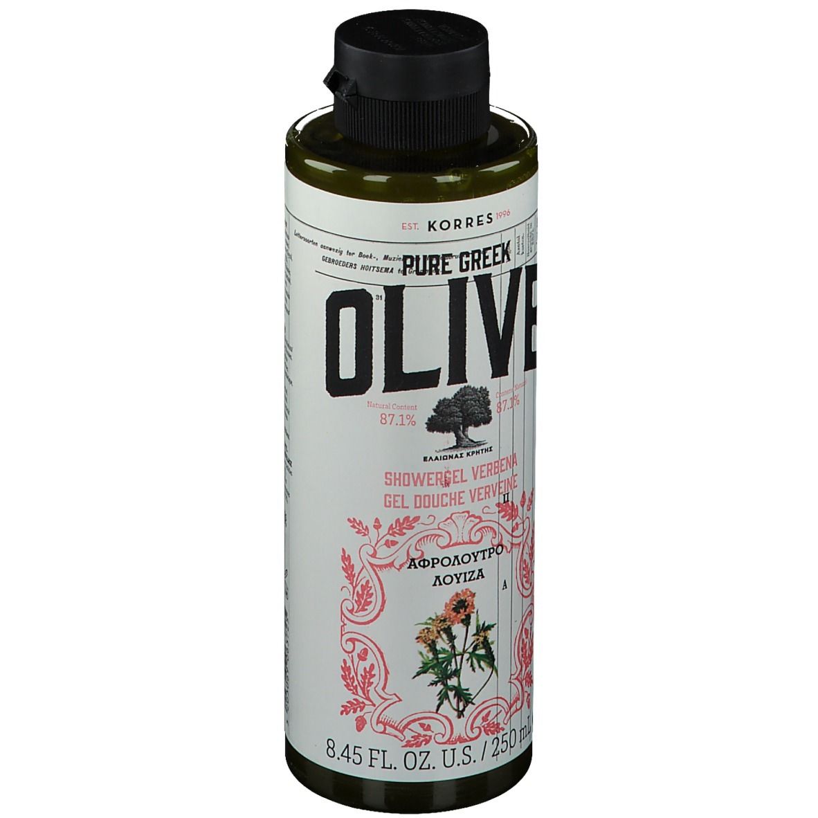 Grüne Flasche mit schwarzem Deckel. Aufschrift: OLIVE, KORRES, Showergel Verveine. 8.45 fl. oz. U.S./250 ml.
