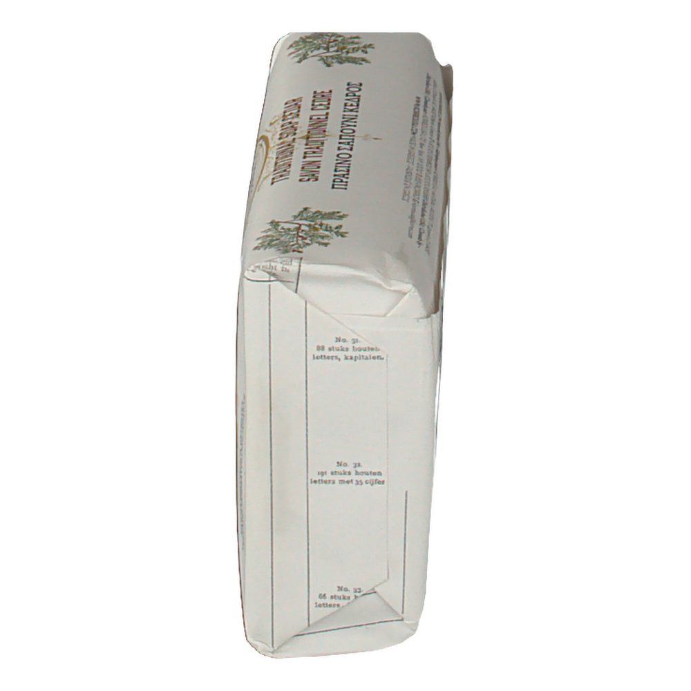 Seifenverpackung, Seitenansicht. Aufschrift: Traditionelle Seife Zeder. Weißes Papier mit vertikalen Linien.