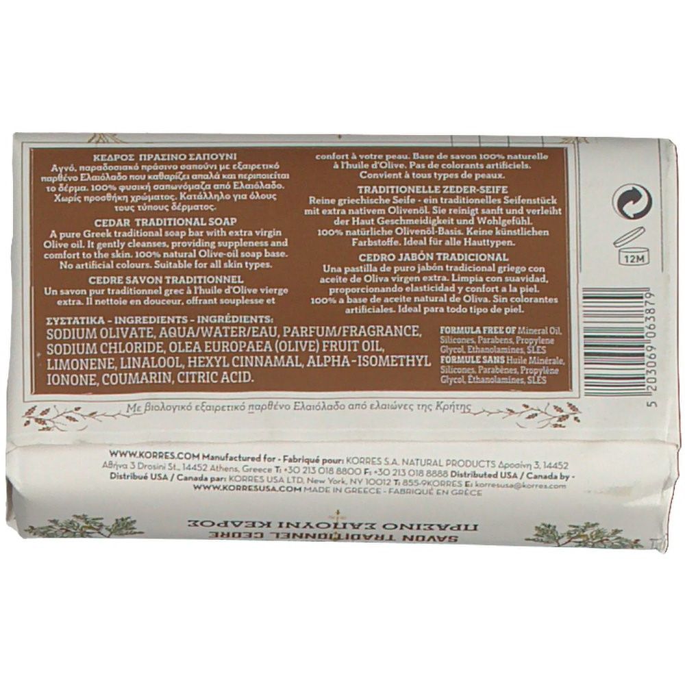 Rückseite der Seifenverpackung. Text: Inhaltsstoffe, Zeder Seife, 100% natürliche Olivenöl-Basis. 12M-Symbol.