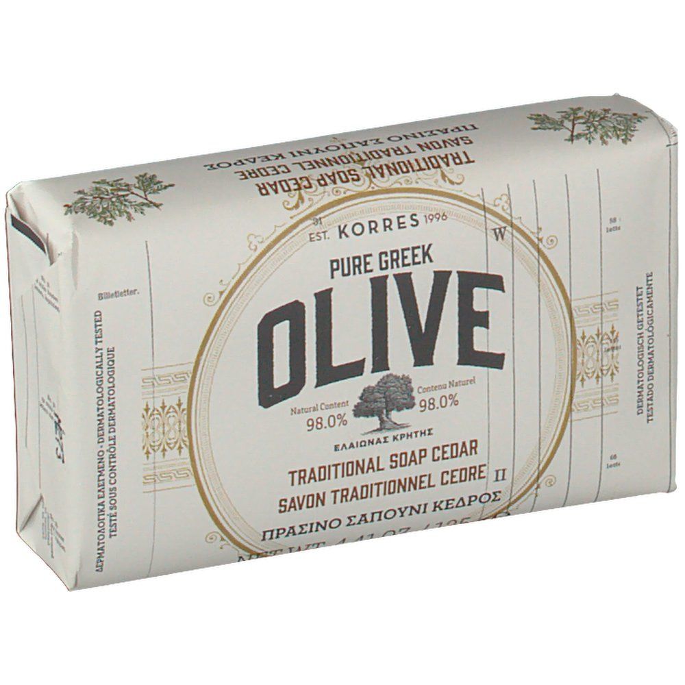 Seifenverpackung. Aufschrift: KORRES, OLIVE, traditionelle Seife Zeder. 98% natürliche Inhaltsstoffe.