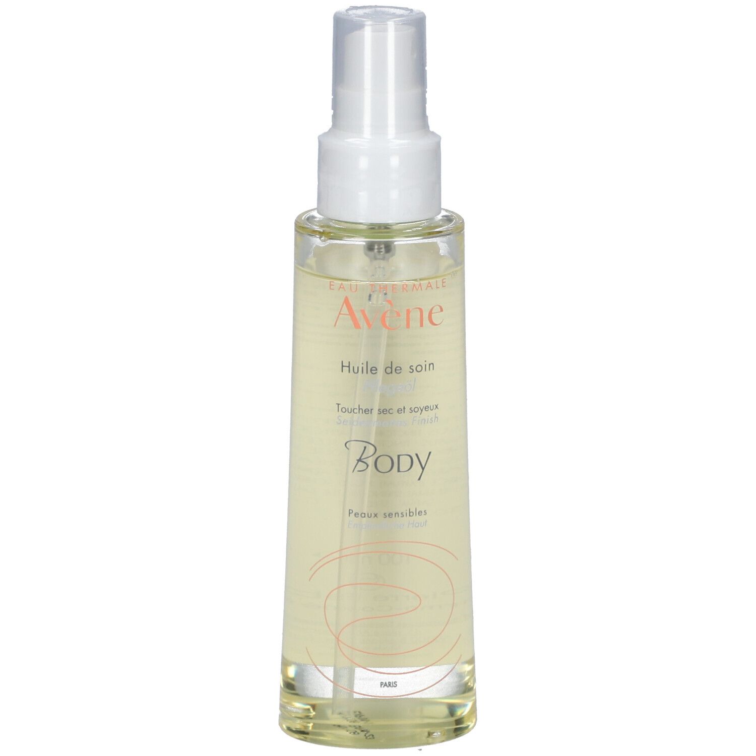 Körperöl-Sprühflasche. Aufschrift: Eau Thermale Avène, Body. Für empfindliche Haut.