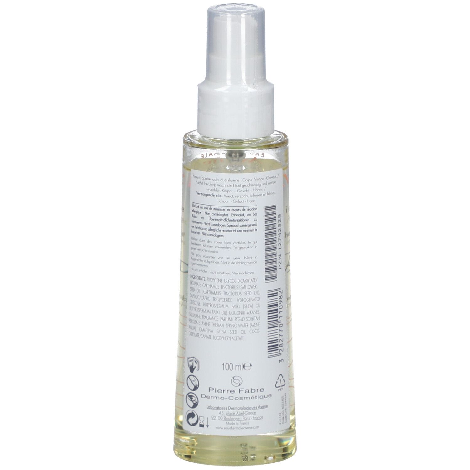 Rückseite der Körperöl-Sprühflasche. Aufschrift: Eau Thermale Avène, Inhaltsstoffe, 100 ml.