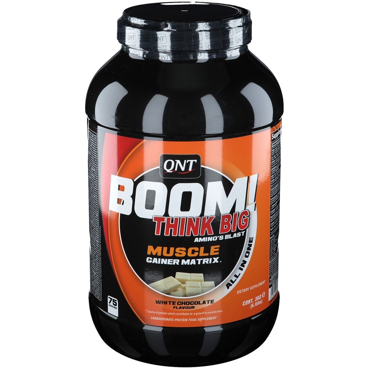 Schwarze Dose mit weißer Schokoladen-Geschmacksrichtung. Aufschrift: BOOM! THINK BIG, Muscle Gainer Matrix. QNT-Logo.