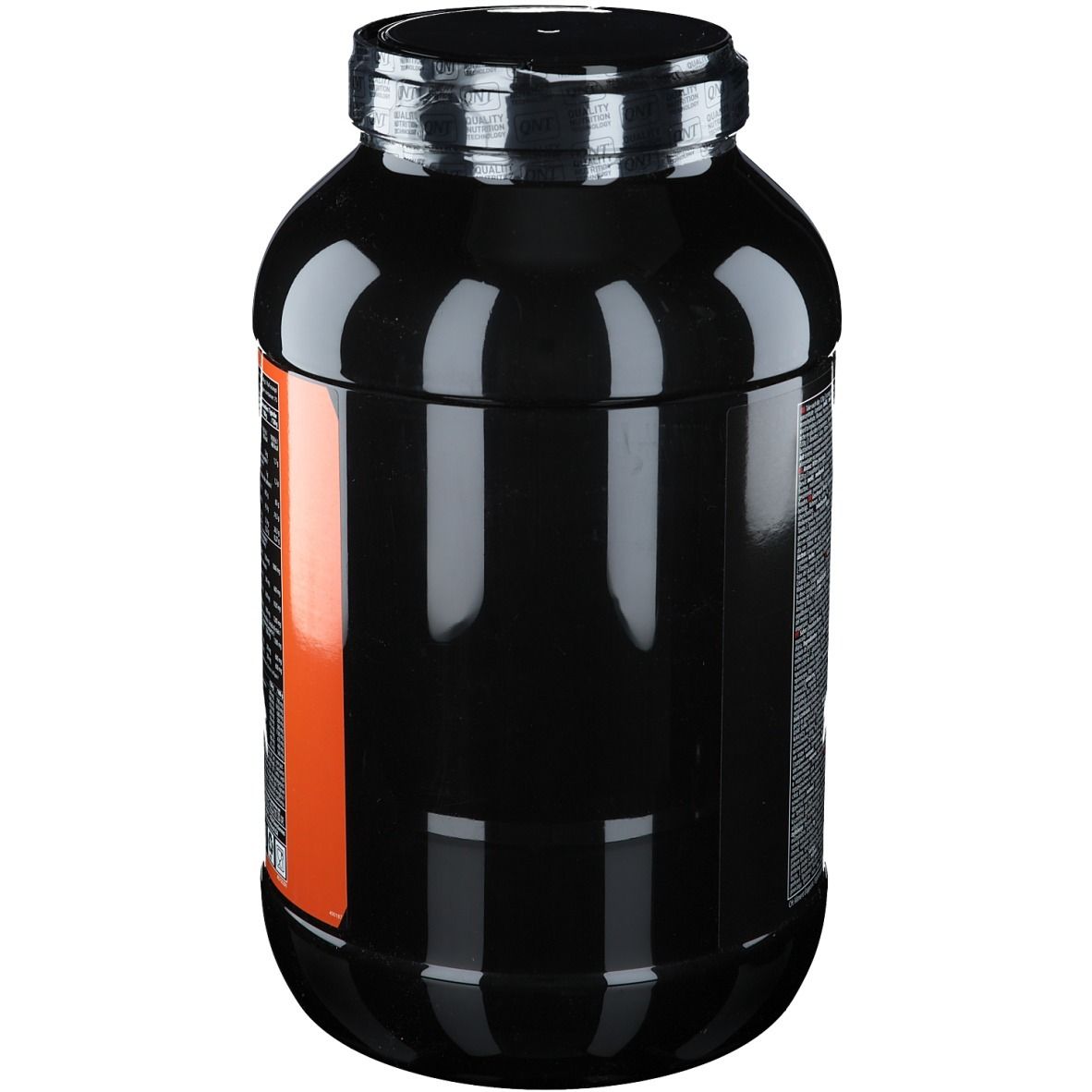 Schwarze Dose mit orangefarbenem Streifen. Aufschrift und Produktinformationen auf der Seite. Schwarzer Deckel.