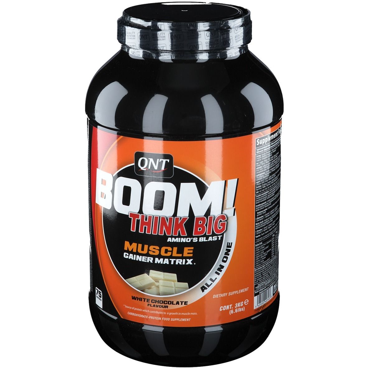 Schwarze Dose mit weißer Schokoladen-Geschmacksrichtung. Aufschrift: BOOM! THINK BIG, Muscle Gainer Matrix. QNT-Logo.