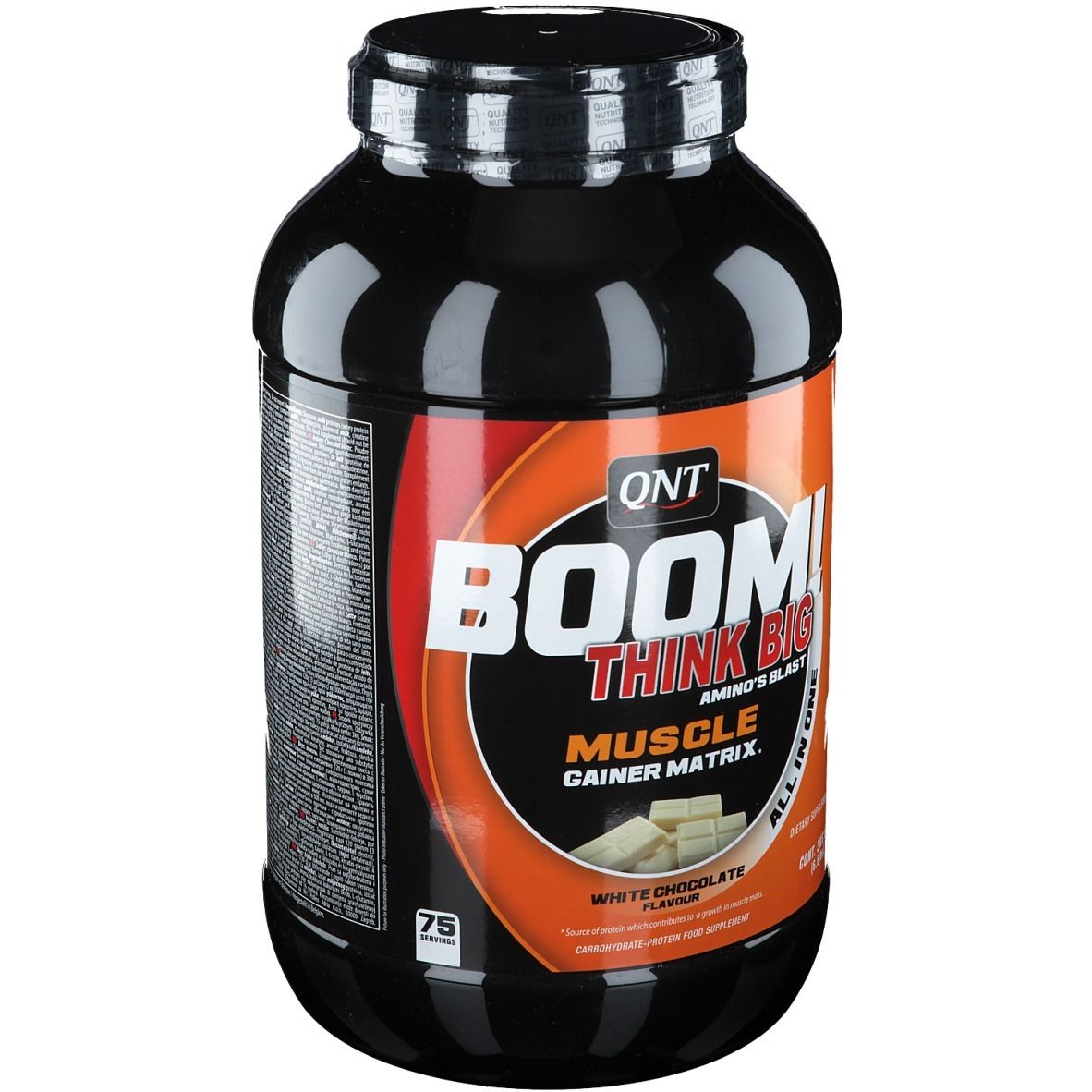 Schwarze Dose mit weißer Schokoladen-Geschmacksrichtung. Aufschrift: BOOM! THINK BIG, Muscle Gainer Matrix. QNT-Logo.