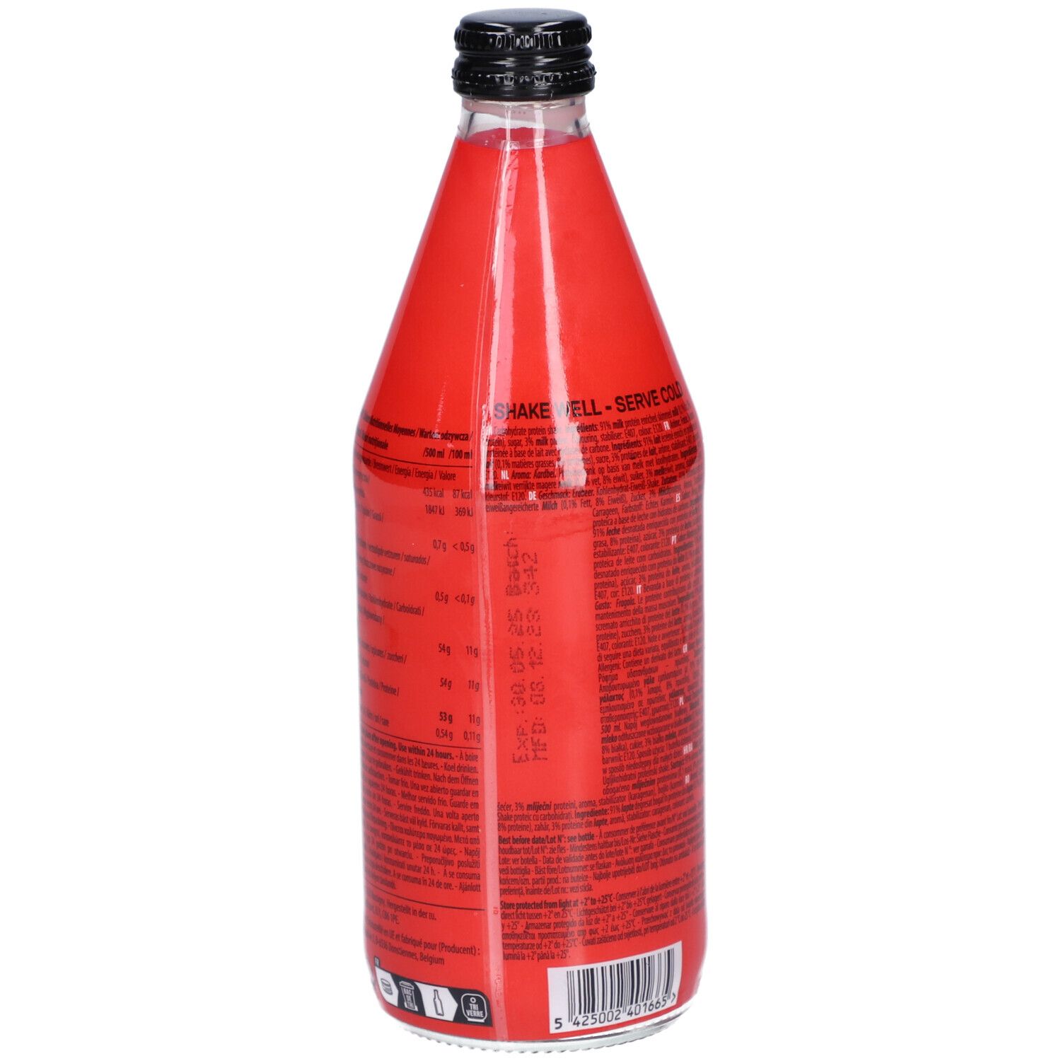 Rückseite der roten Glasflasche. Text und Nährwertangaben. Schwarzer Deckel. QNT Move Logo.