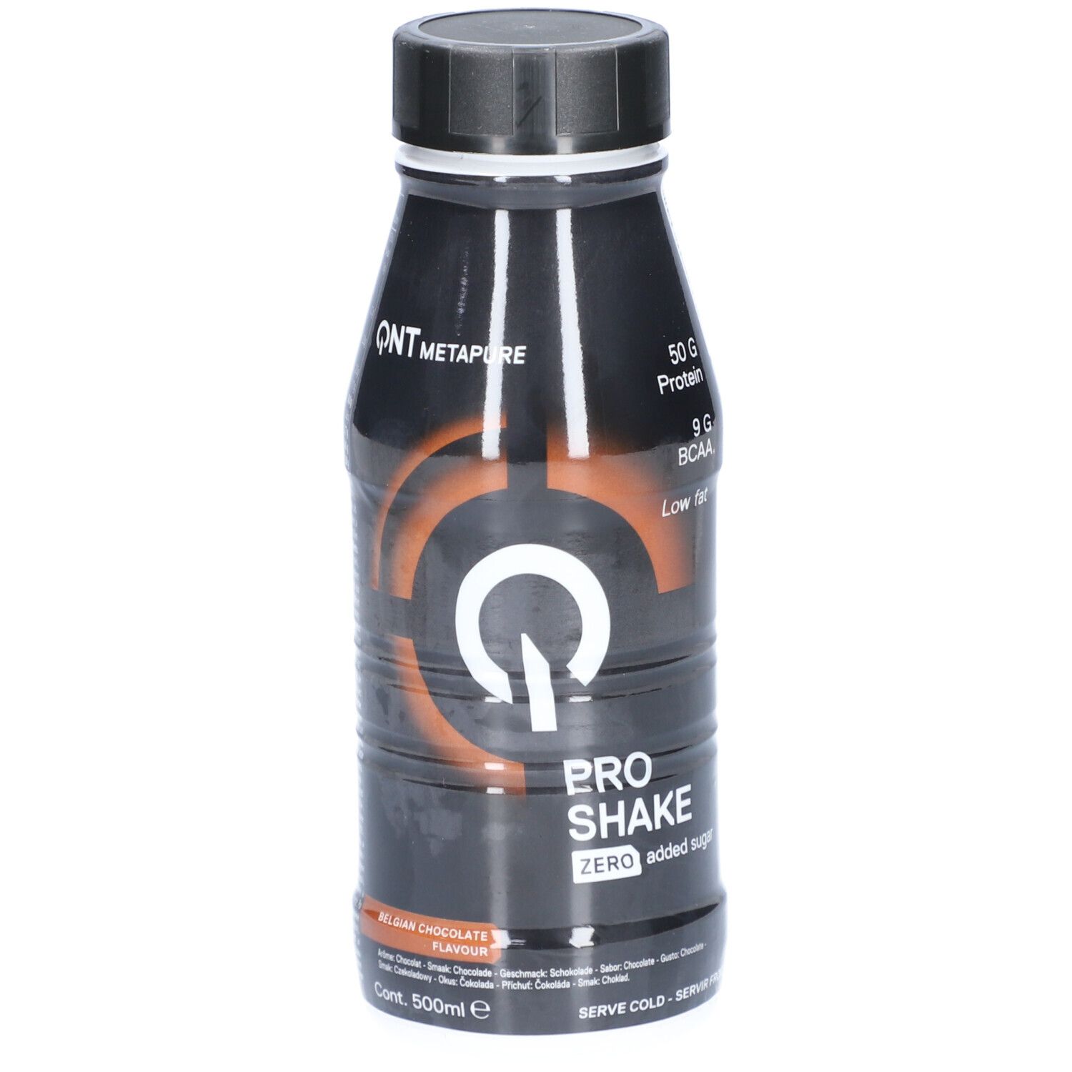 QNT Metapure Pro Shake, belgische Schokoladen-Flavour, 50g Protein, 9g BCAA, Zero Zucker, schwarze Flasche.