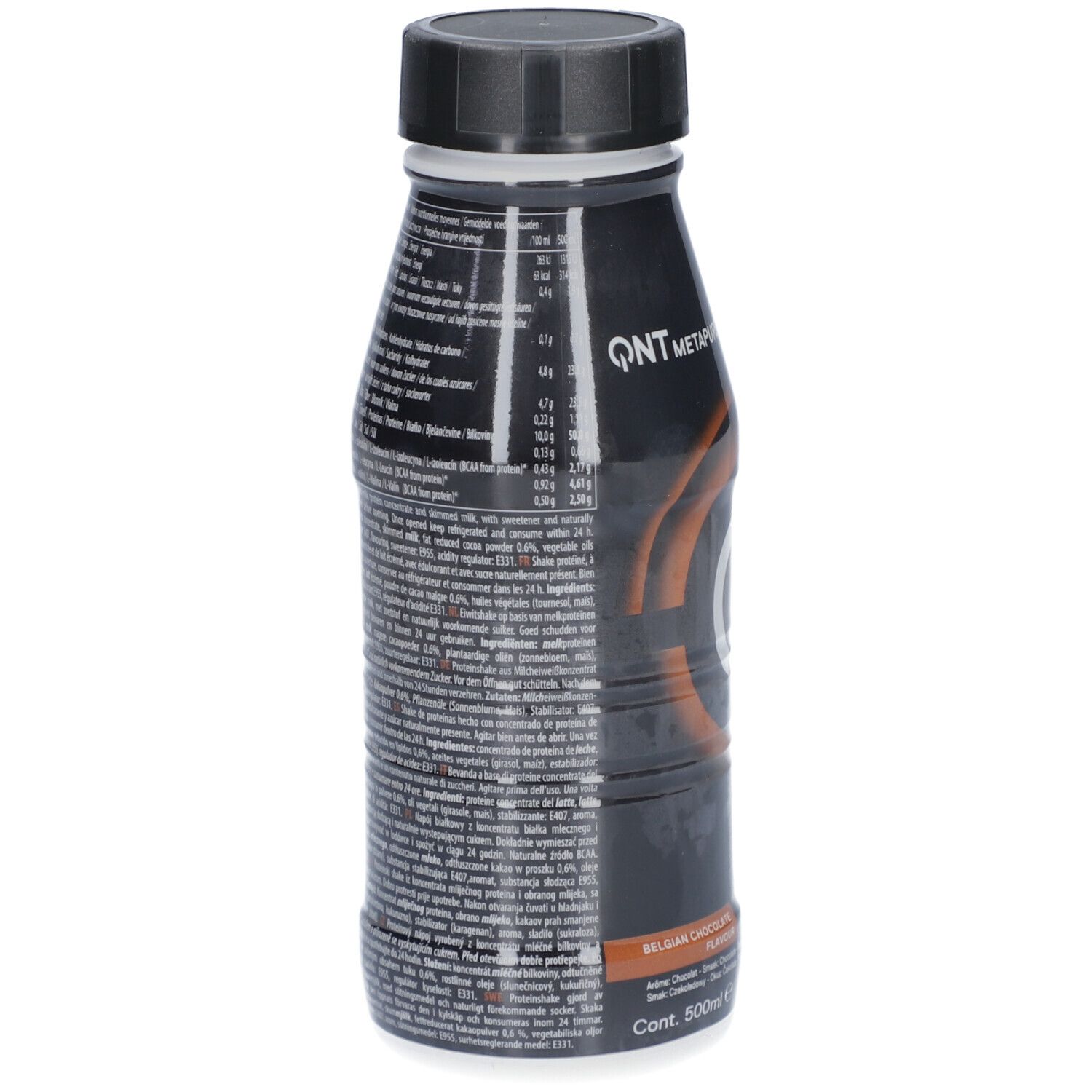 QNT Metapure Pro Shake, Rückseite der Flasche mit Nährwertangaben und Zutatenliste, belgische Schokolade.
