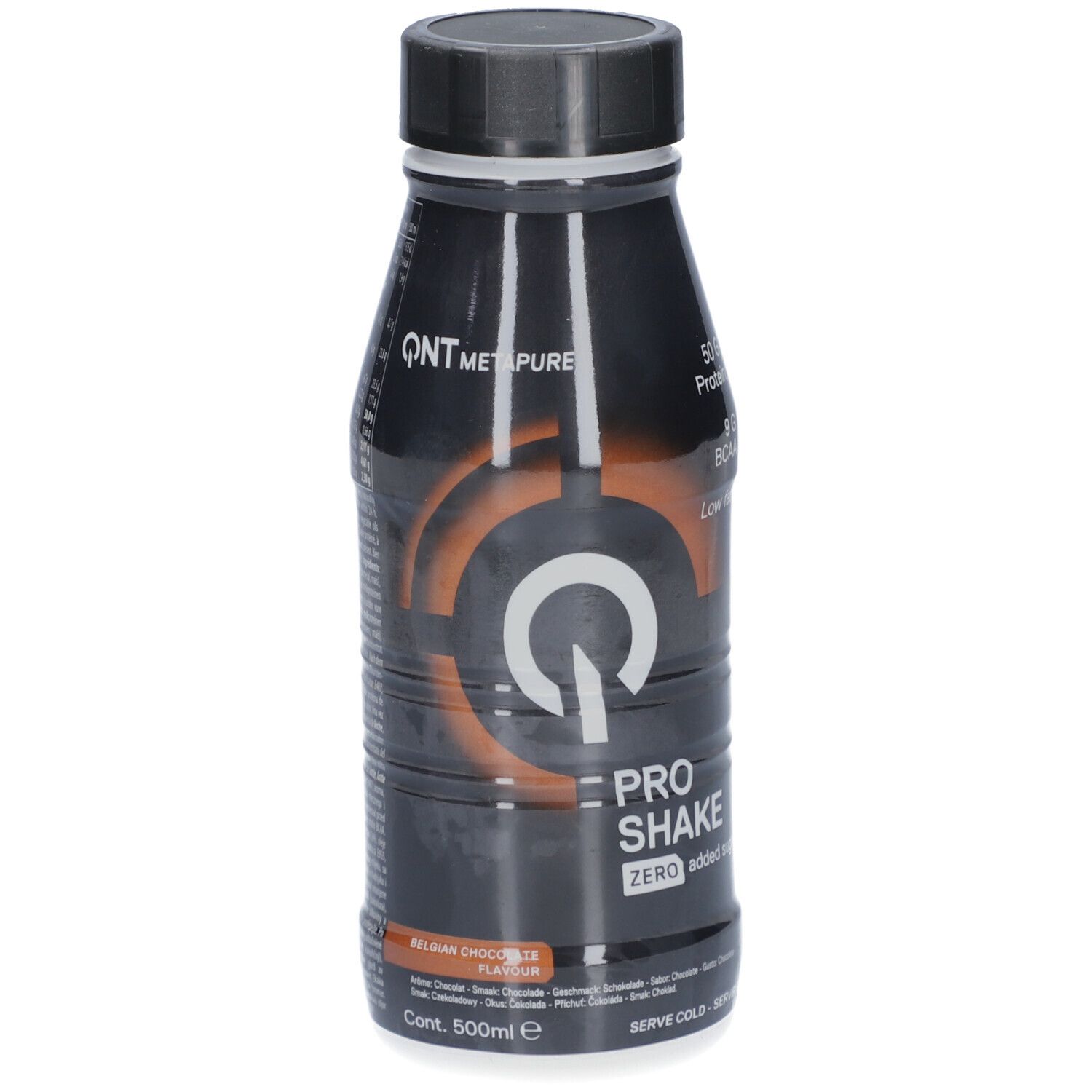 QNT Metapure Pro Shake, belgische Schokoladen-Flavour, 50g Protein, 9g BCAA, Zero Zucker, schwarze Flasche.
