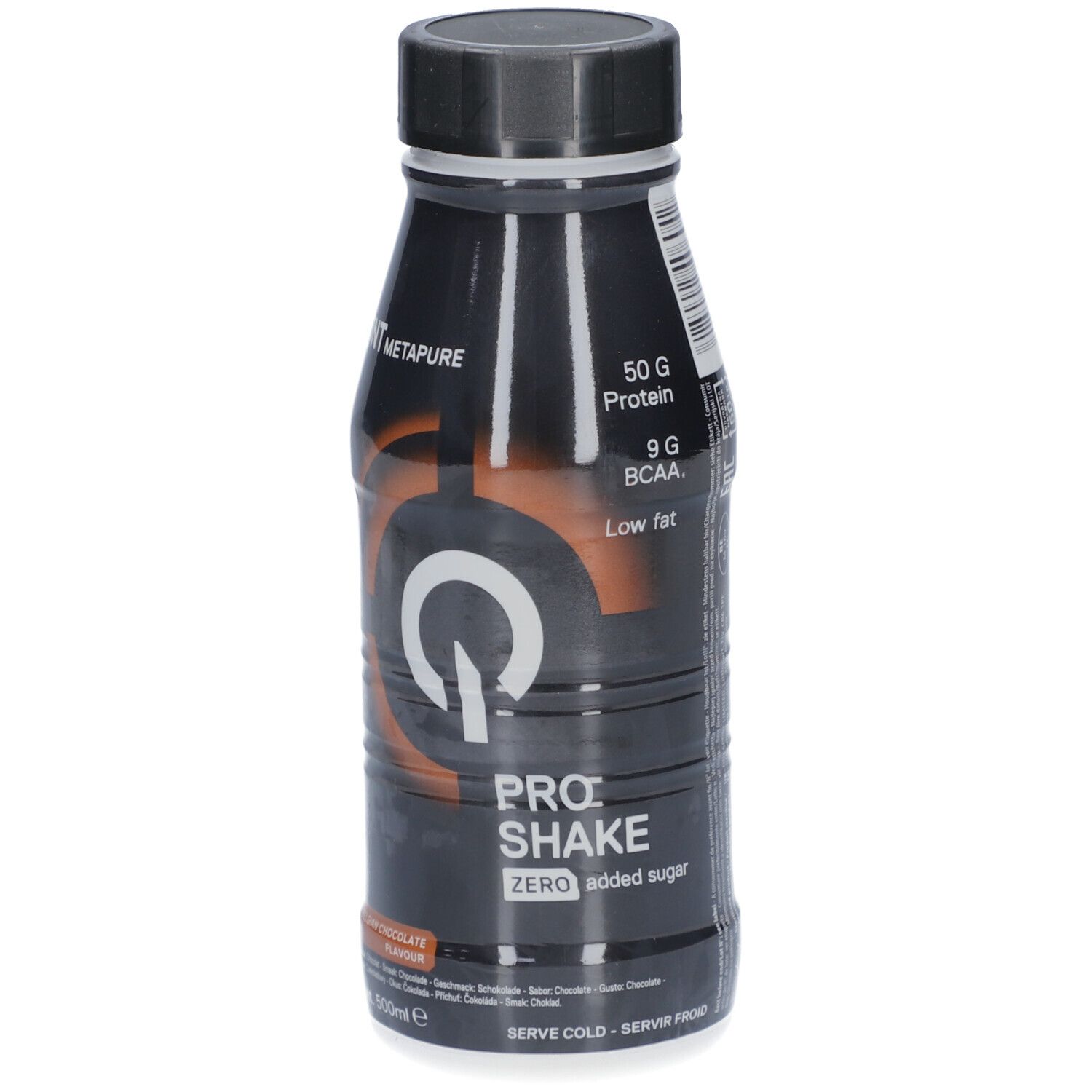 QNT Metapure Pro Shake, 50g Protein, 9g BCAA, Zero Zucker, schwarze Flasche, belgische Schokolade.