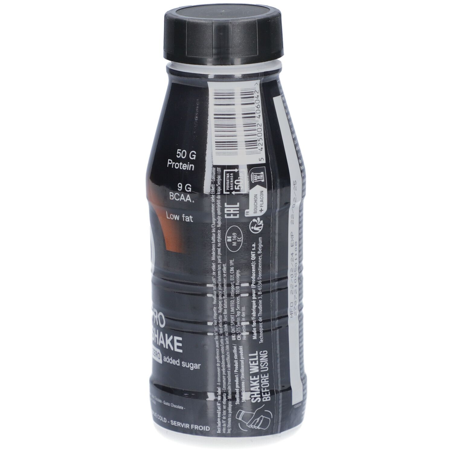 QNT Metapure Pro Shake, Rückseite der Flasche mit Nährwertangaben, Barcode, belgische Schokolade.
