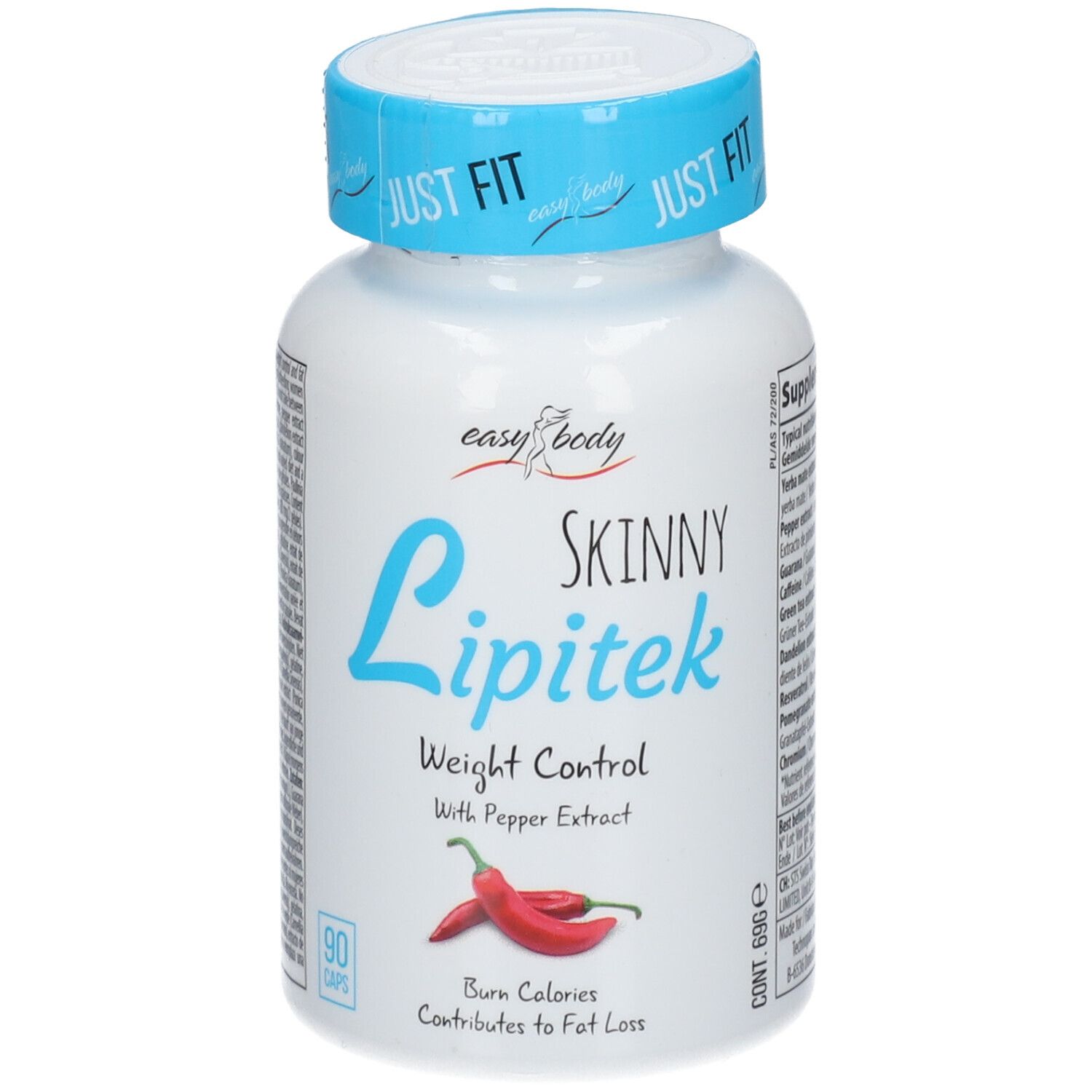 Flacon blanc avec bouchon bleu. Inscription : EASY BODY Skinny Lipitek, contrôle du poids. Contient 90 gélules.