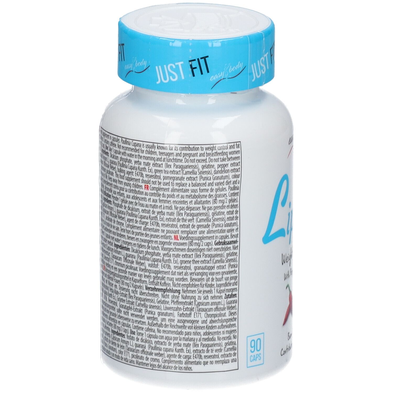 Flacon blanc avec bouchon bleu. Dos avec texte. Inscription : EASY BODY Skinny Lipitek, contrôle du poids. Contient 90 gélules.