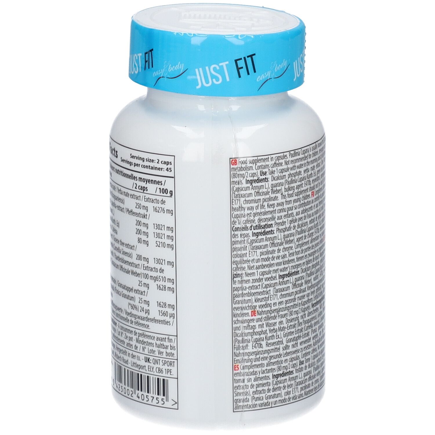 Flacon blanc avec bouchon bleu. Dos avec informations nutritionnelles. Contient 90 gélules. Inscription : EASY BODY Skinny Lipitek.