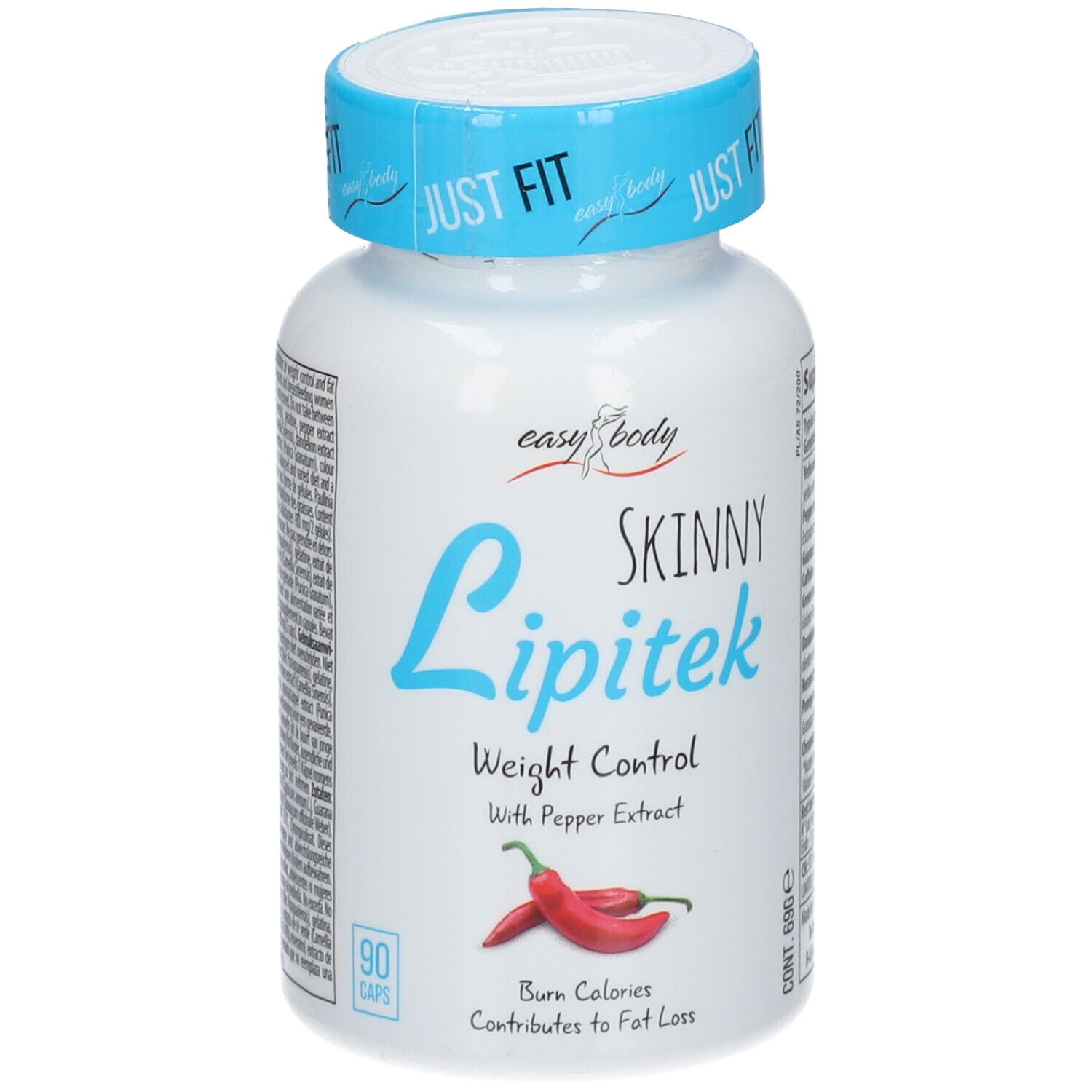 Flacon blanc avec bouchon bleu. Inscription : EASY BODY Skinny Lipitek, contrôle du poids. Contient 90 gélules. Avec illustration de piments.