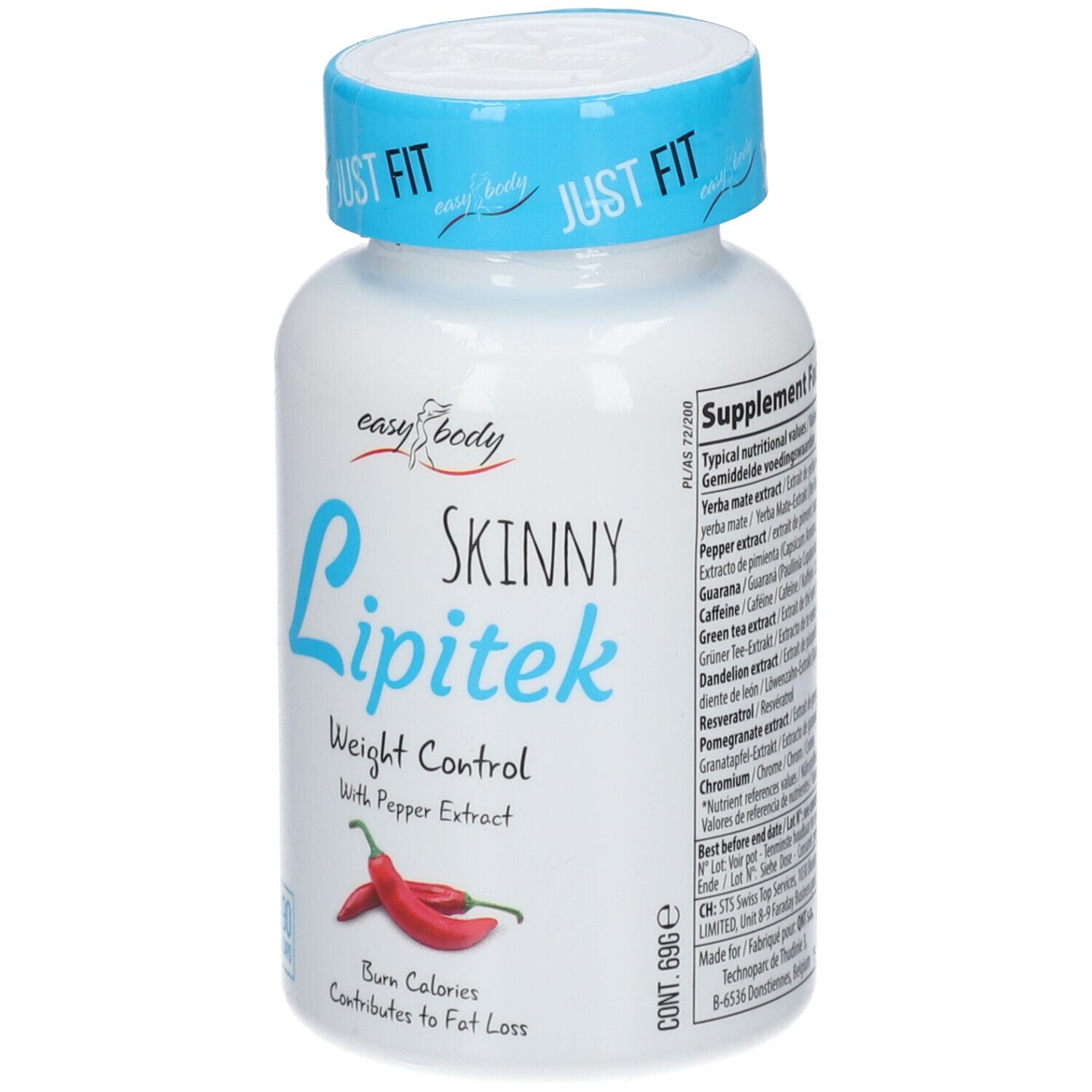Flacon blanc avec bouchon bleu. Inscription : EASY BODY Skinny Lipitek, contrôle du poids. Contient 90 gélules. Avec illustration de piments.