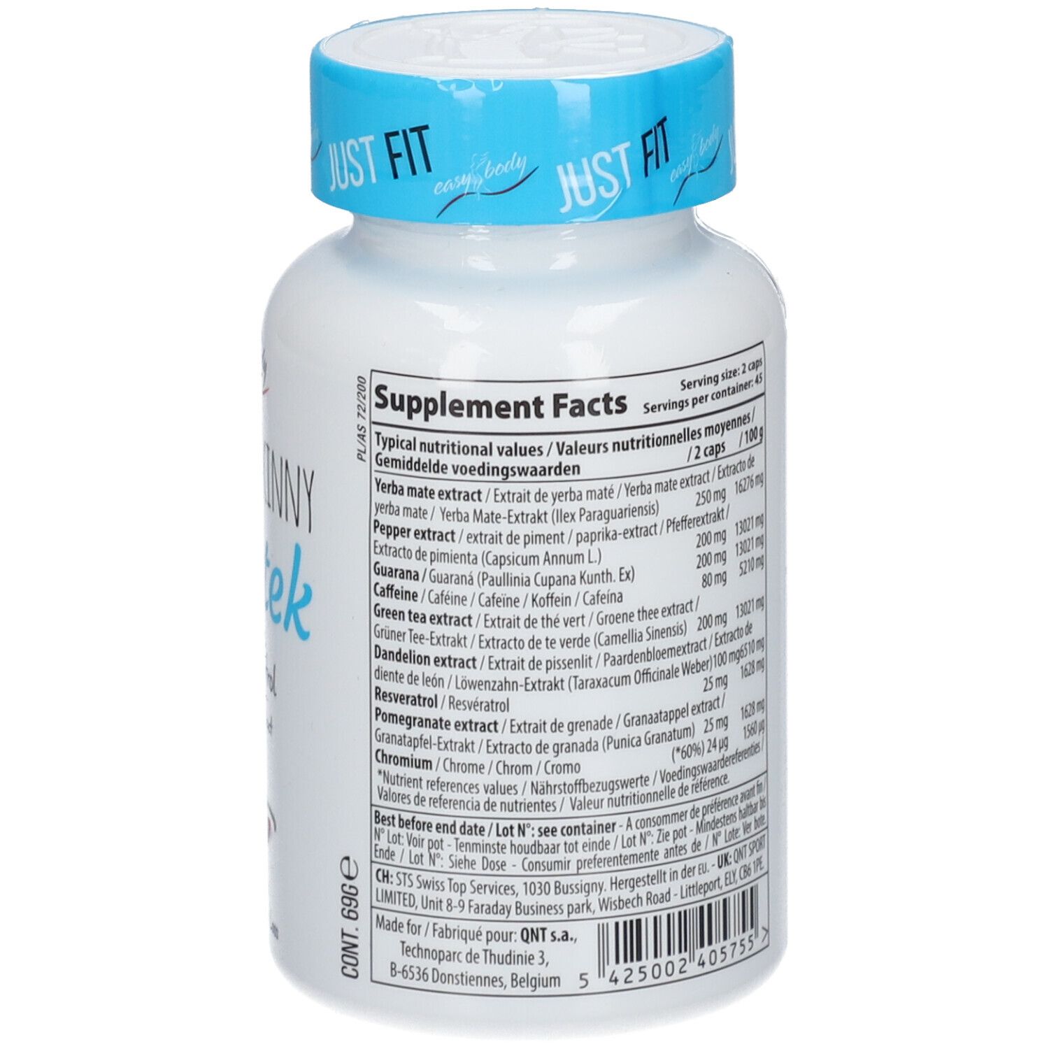 Flacon blanc avec bouchon bleu. Dos avec informations nutritionnelles. Contient 90 gélules. Inscription : EASY BODY Skinny Lipitek.