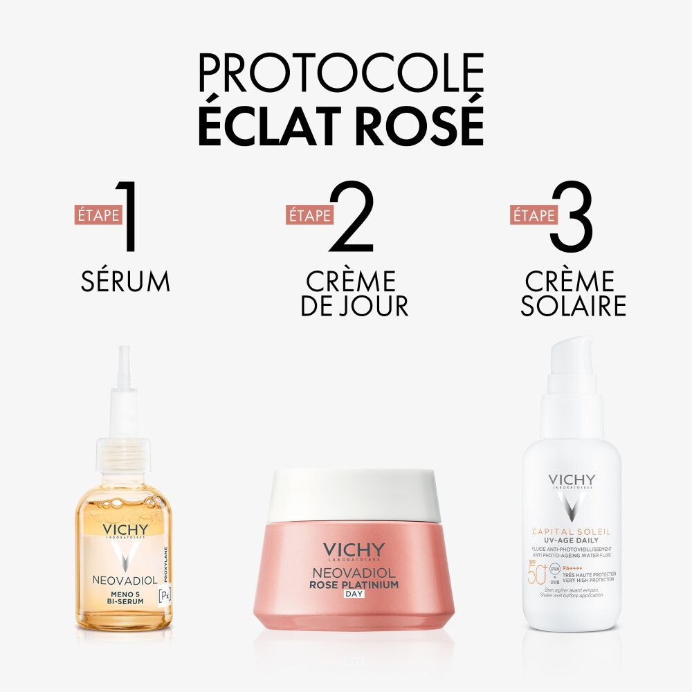 Trois produits : sérum, crème de jour, crème solaire. Inscription : Vichy, Neovadiol.