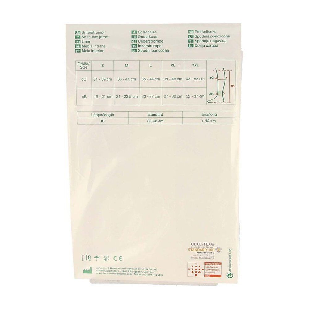 Dos de l'emballage. Tableau des tailles pour Actico UlcerSys Liner. Oeko-Tex Standard 100.