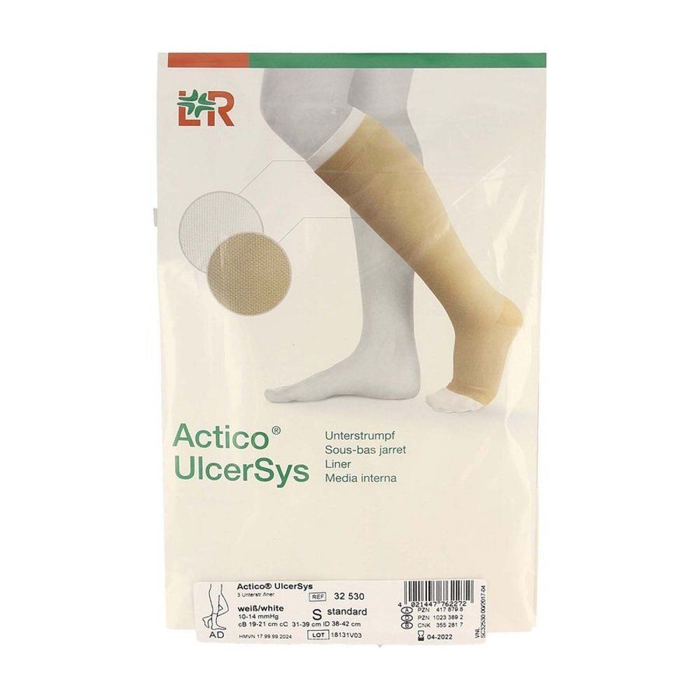 Emballage Actico® UlcerSys Liner. Modèle de jambe avec bas. Blanc. Taille S. Logo et nom du produit.